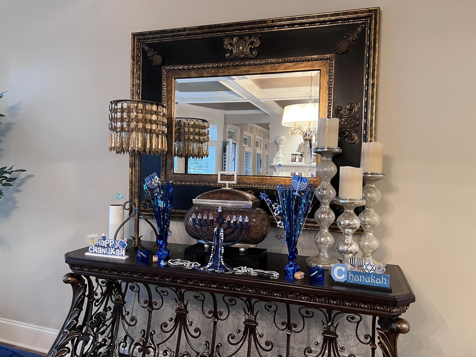 4 Piece Hanukkah Tabletop Decorations Set Happy Chanukah Wooden Signs | Menorah Dreidel Star of David Blue Glitter customer photo 1