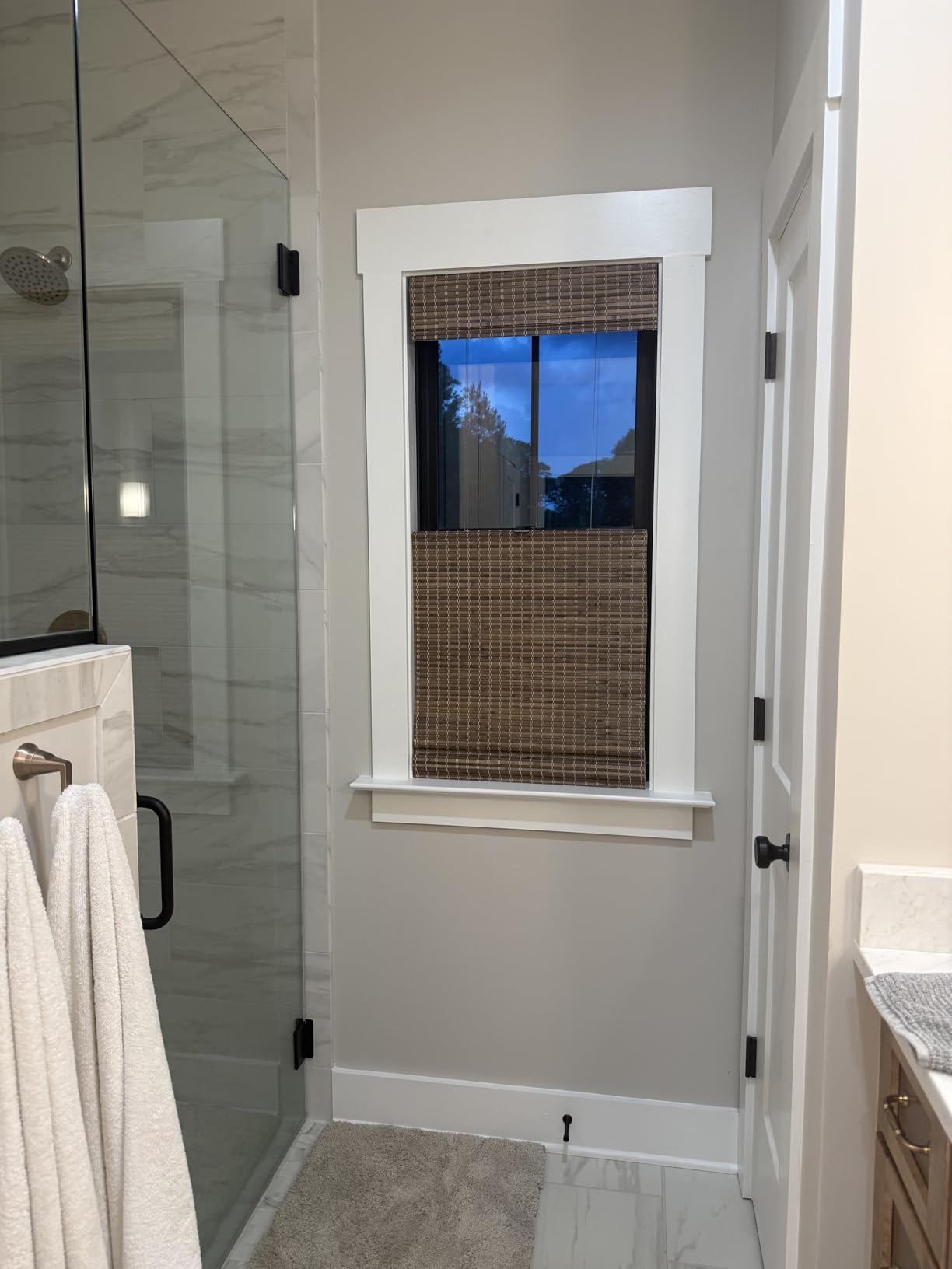 MOOD Custom Bamboo Shades | Rustic | Cordless Bamboo Roman Shades for Windows and Doors (Natural Woven) | Rustic Walnut (Great Privacy) | Custom Size customer photo 2