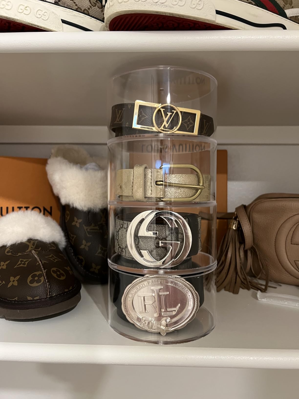 NIUBEE Belt Organizer for Closet, Acrylic Belt Storage Holder Box, 5 Layers | Clear Belts Organizers Display Stand for Drawer, Belts Case for Women Men, Belt Container for Jewelry, Ties, Watch, Bracelets customer photo 1