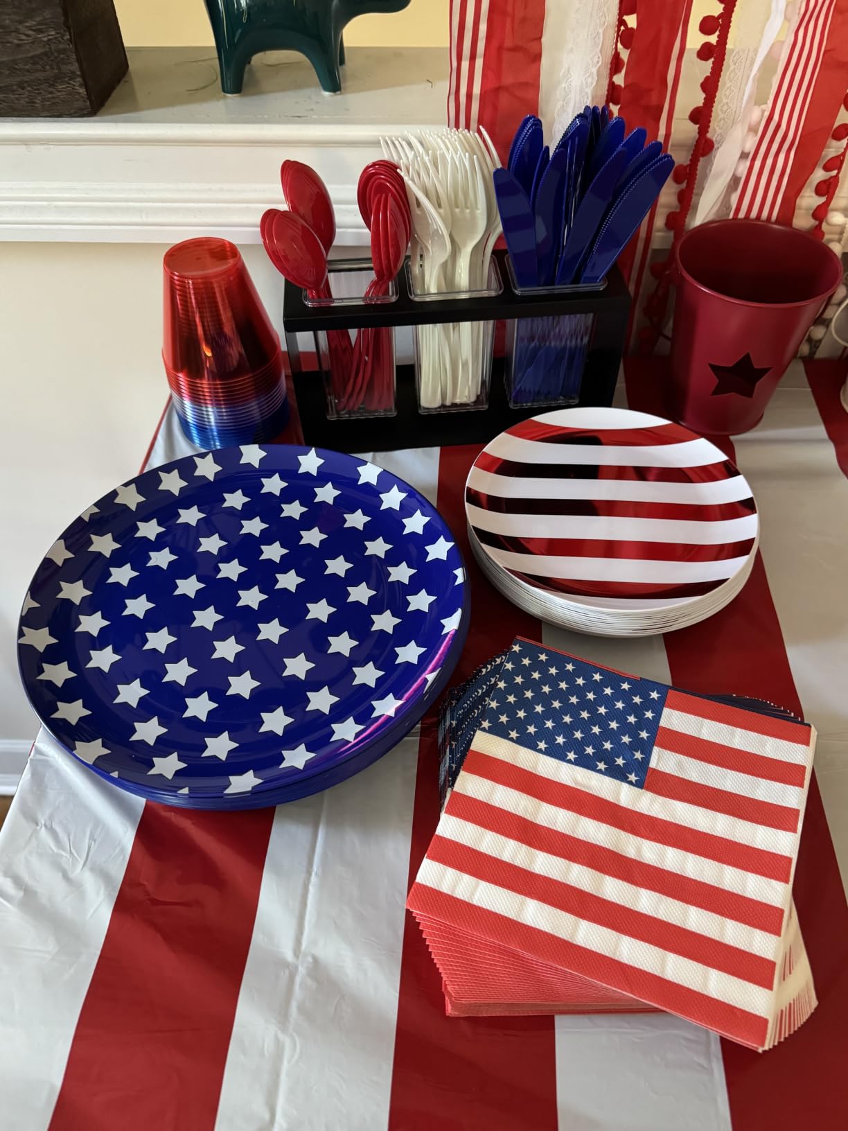 WDF 4th of July Plates-125pcs Red White Blue Plates Supplies Include 50Pcs American Flag Plate, 25 Forks, 25 Knives, 25 Spoons Perfect for Party/250th Anniversary customer photo 2