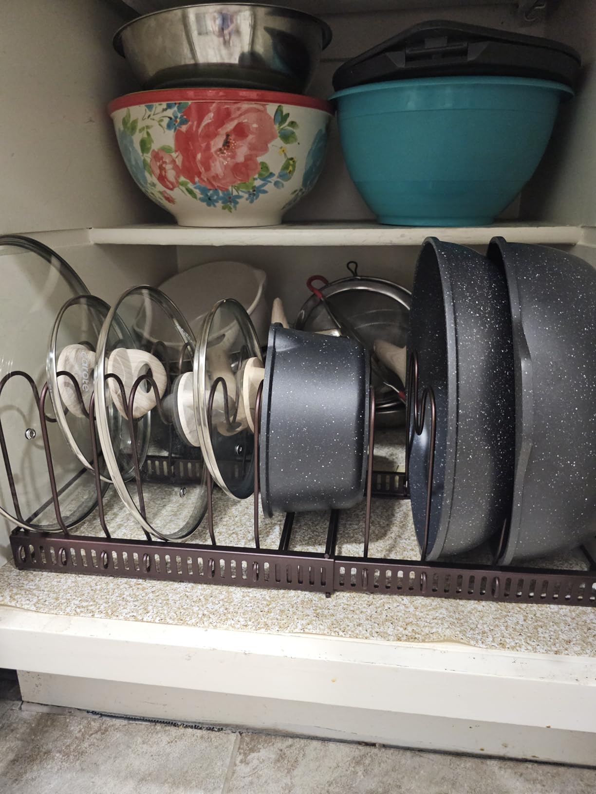 Toplife Pots and Pans Organizer Rack for Cabinet and Countertop, 10+ Pot Lids, Bakeware and Cookware Holder with 10 Adjustable Compartments - Black customer photo 1