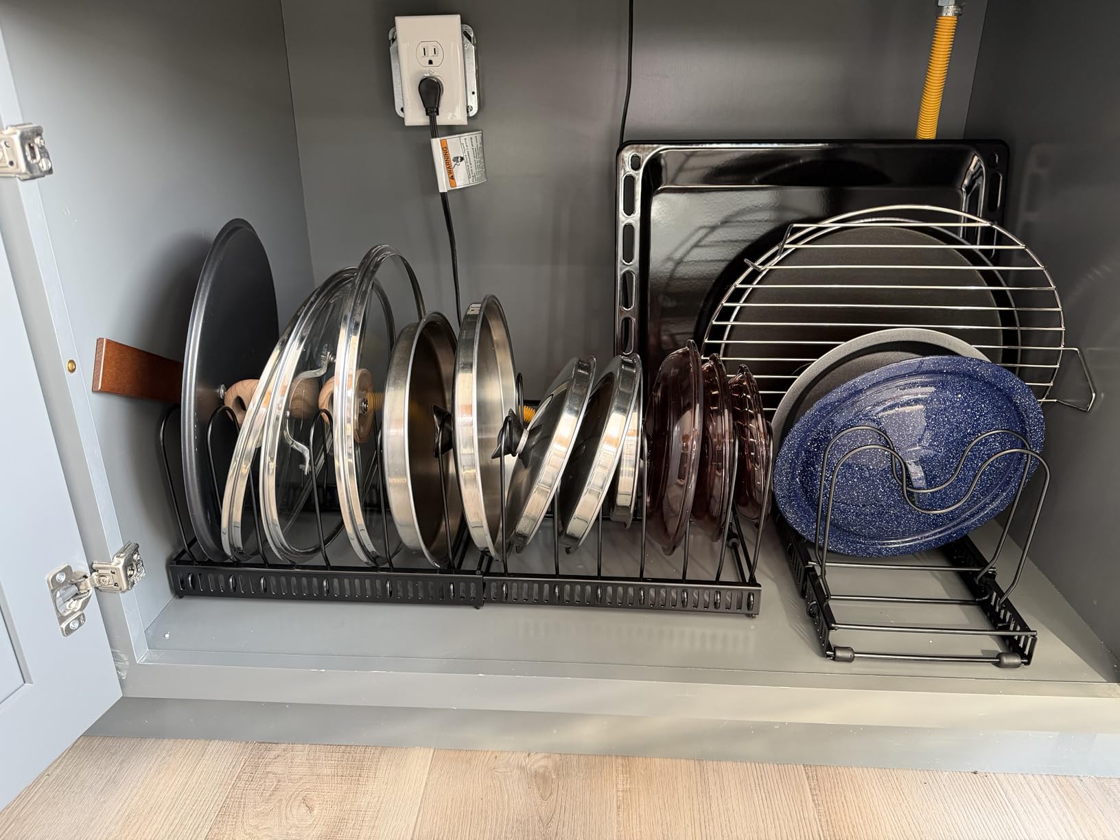 Toplife Pots and Pans Organizer Rack for Cabinet and Countertop, 10+ Pot Lids, Bakeware and Cookware Holder with 10 Adjustable Compartments - Black customer photo 2