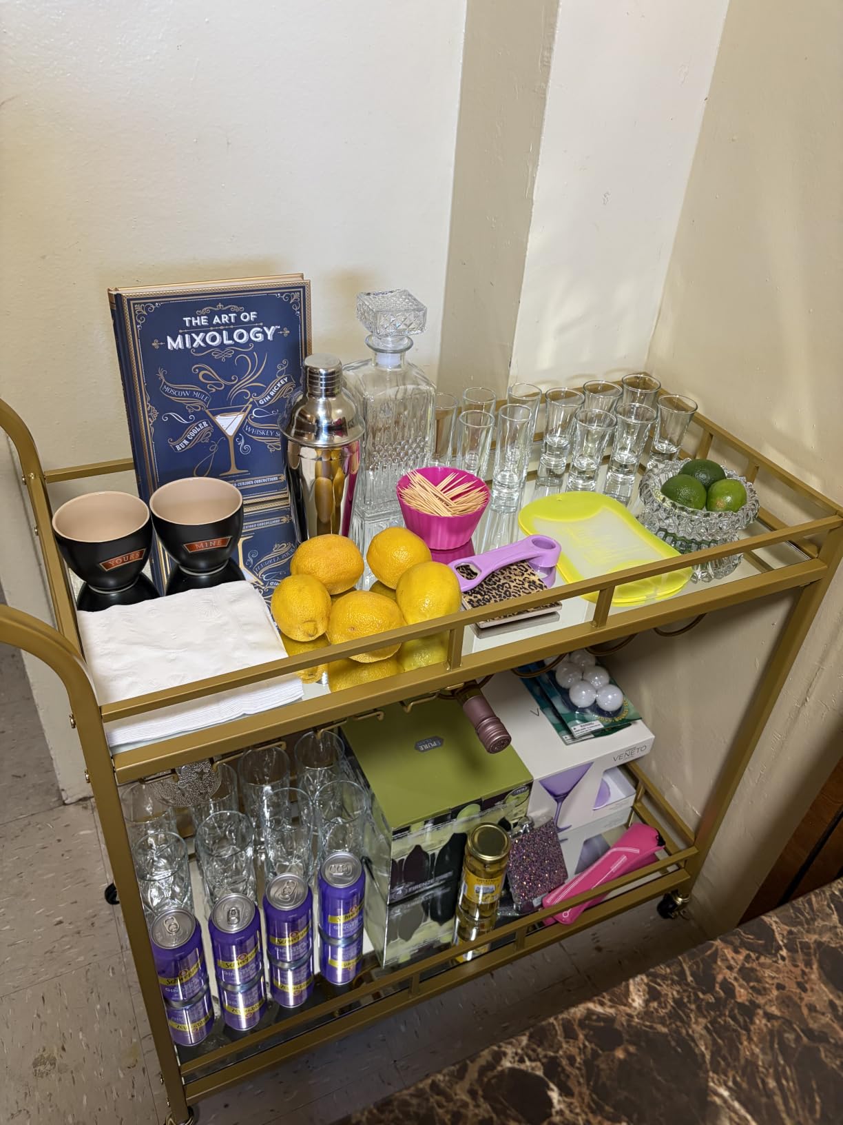 VASAGLE Bar Cart with 2 Mirrored Shelves, Wine Holders, Glass Holders | Home Bar Serving Cart, Wine Cart, for Kitchen, Dining Room, Gold, 15 x 33.9 x 35.4 inches, ULRC090A03 customer photo 2