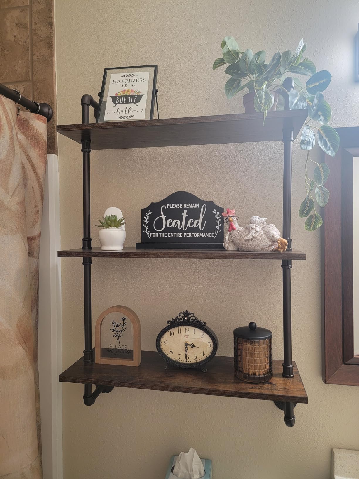Helsin 3 Tier Industrial Pipe Shelf Rustic Wood Floating Shelves, Wall Display Bookshelf, Storage Rack Sundries Holder for Kitchen Office Bathroom Organization and Home Decor (24inch) customer photo 1