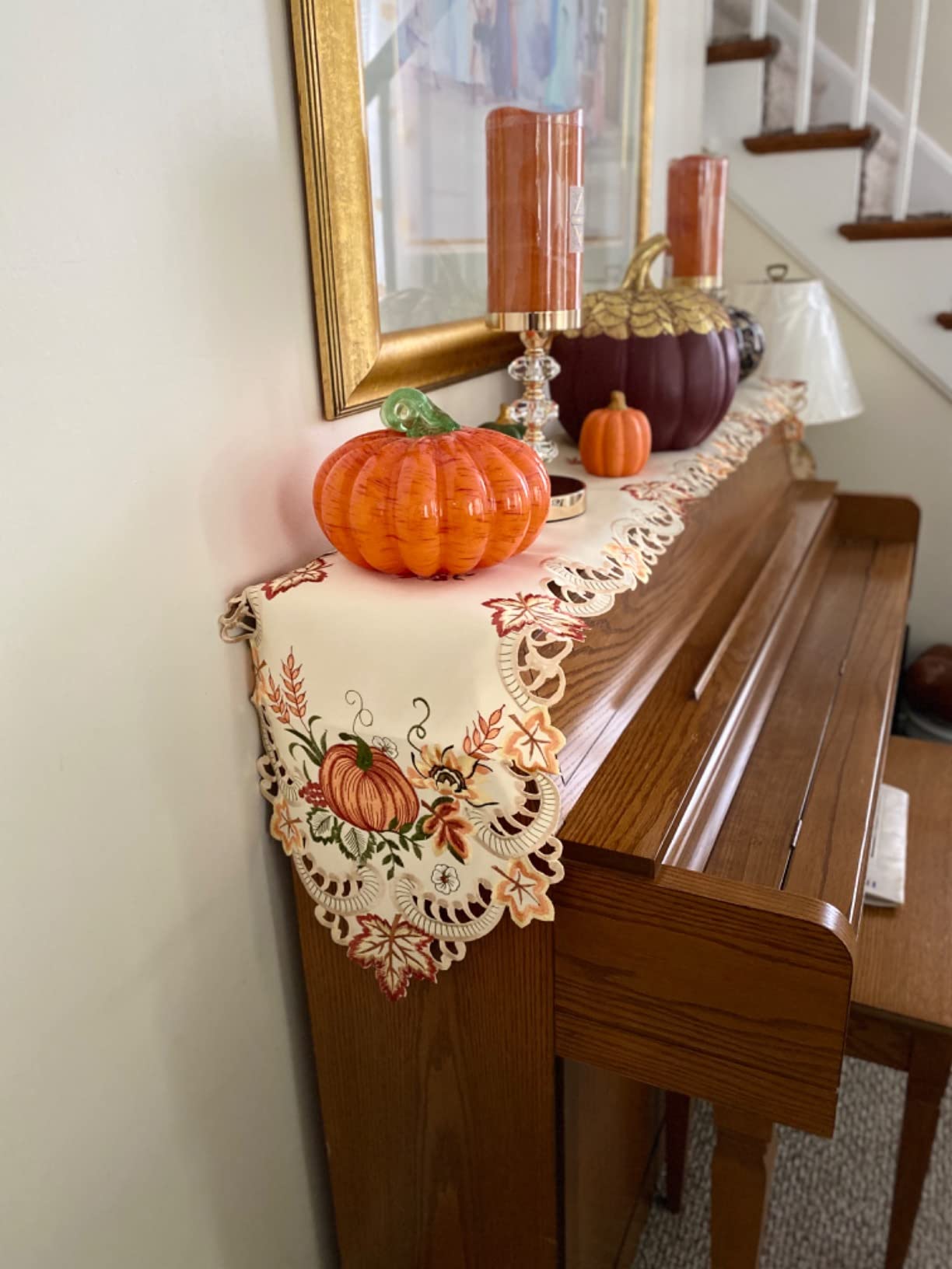 Simhomsen Thanksgiving Harvest Pumpkins Table Runners for Autumn Or Fall Decorations, Embroidery (14 × 54 Inches) customer photo 1