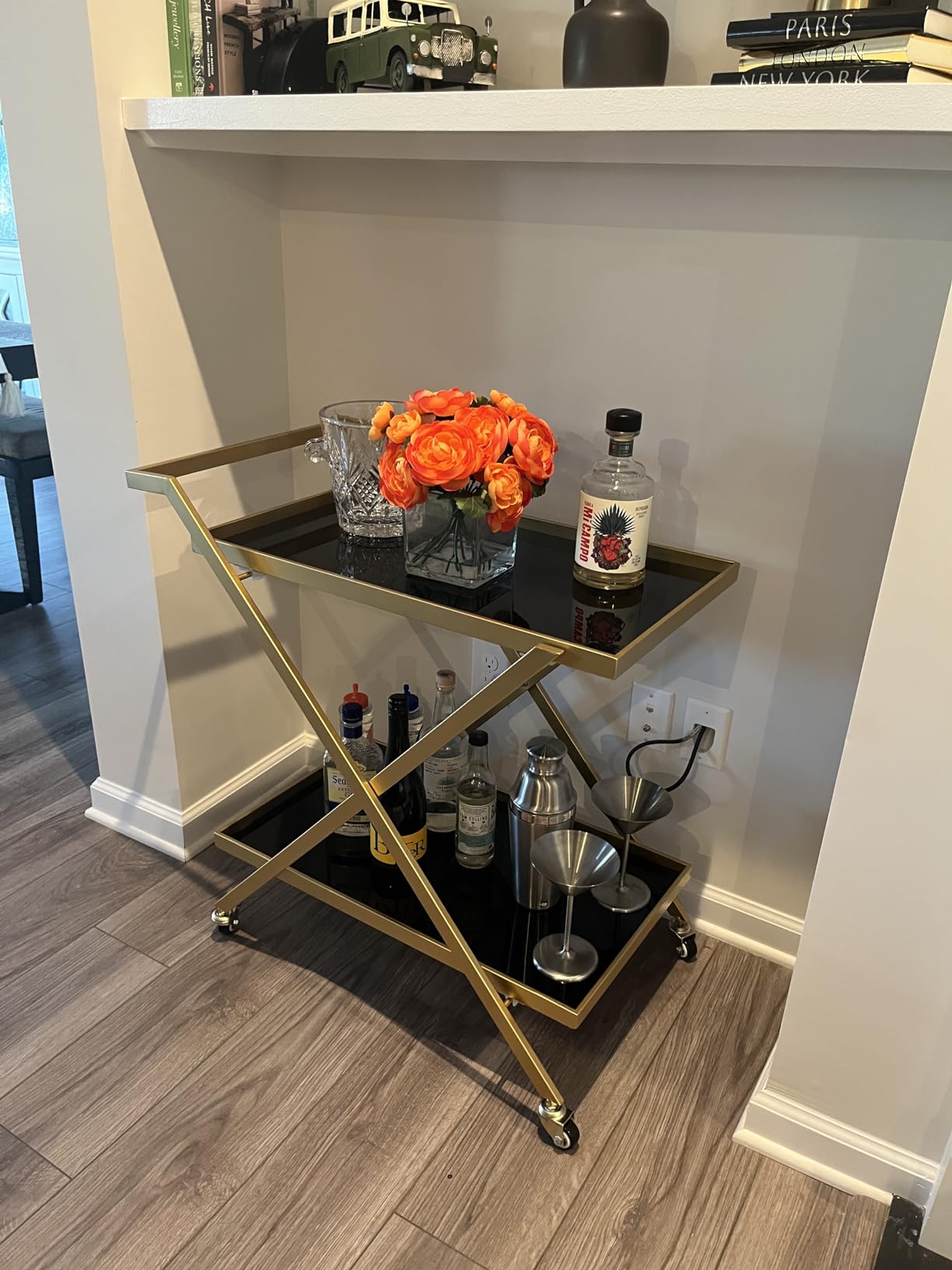 Crofy Gold Finish Bar Cart on Wheels, No-Tool Assembly 2-Tier Serving Cart with Black Tempered Glass Shelves & Locking Casters - Mobile Snack/Drink Cart for Home Bar, Kitchen, Parties customer photo 2