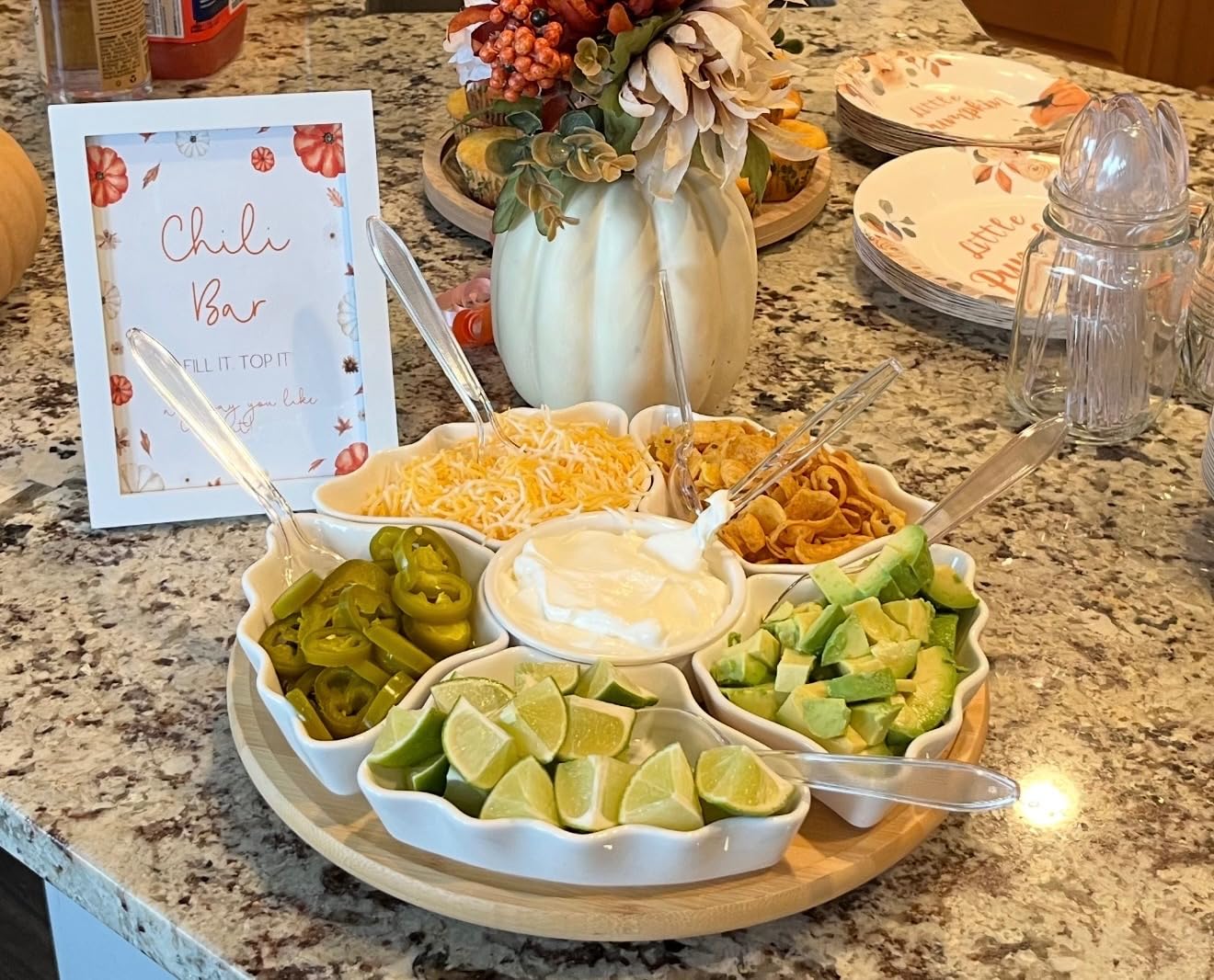 DOWAN 360° Rotatable Serving Tray and Platters, 12 Inch Divided Serving Bowls for Party, Kitchen Decor, Removable Serving Dishes for Chips and Dip, Fruit, Veggies, Candy and Snacks, 7 Pieces, White customer photo 1
