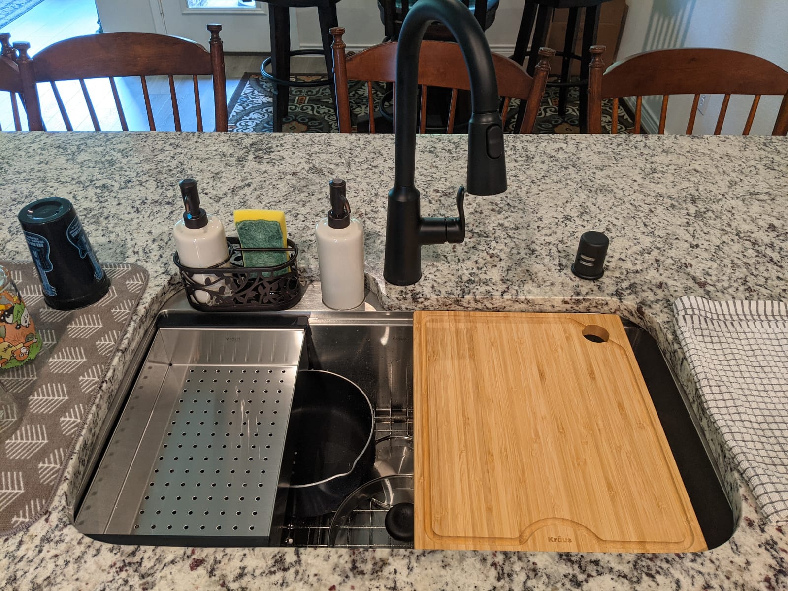 KRAUS Stainless Steel 33 in 16 Gauge Drop In Workstation Sink | integrated ledge, drop-in design, cutting board and roll-up rack included, 4 mm mounting deck customer photo 2