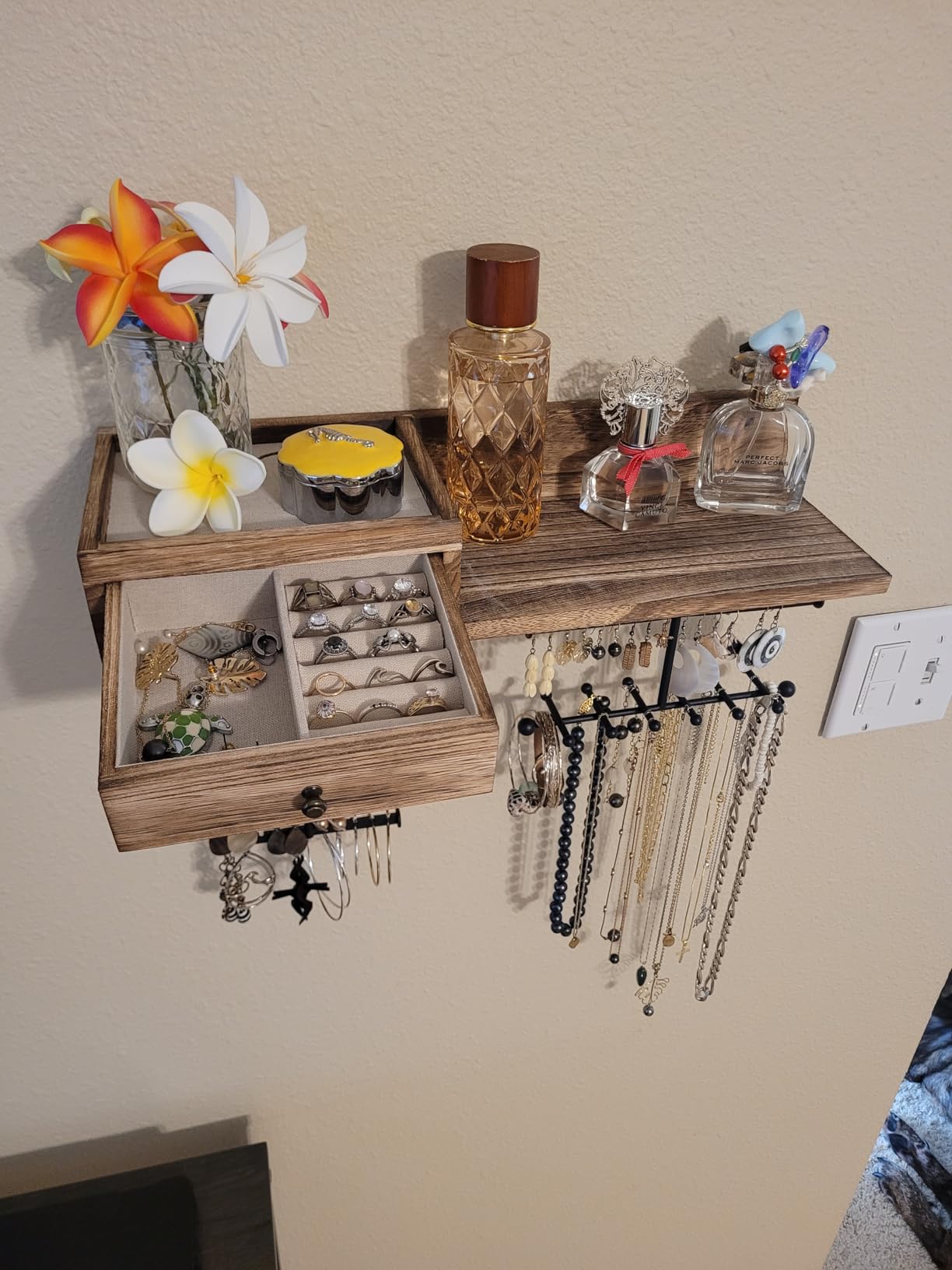 VINAEMO Jewelry Organizer Hanging Wall Mounted Jewelry Holder with Rustic Wood Drawer & Large Capacity Storage Shelf Rack Display for Earrings Rings Necklaces Bracelet customer photo 2