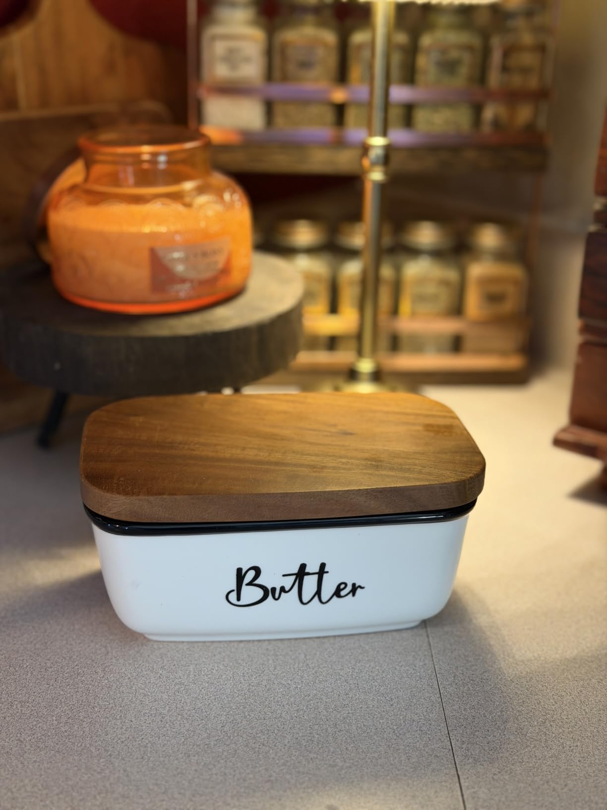 Butter Dish with Lid, ALELION Large Ceramic Butter Dish for Countertop, Butter Keeper with Thick Acacia Wood Lid, Kitchen Decor and Accessories for Kitchen Gifts, White customer photo 2