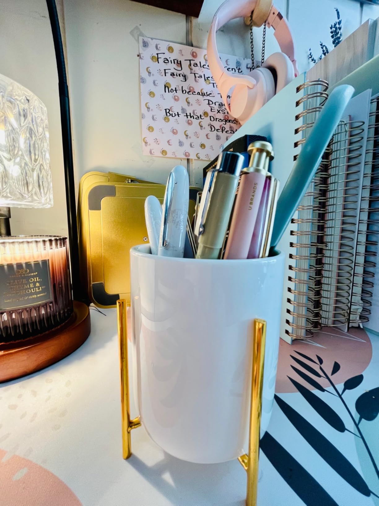 Gold pencil cup Sturdy metal frame with white ceramic pen holder For desks and kitchen appliance holders customer photo 1