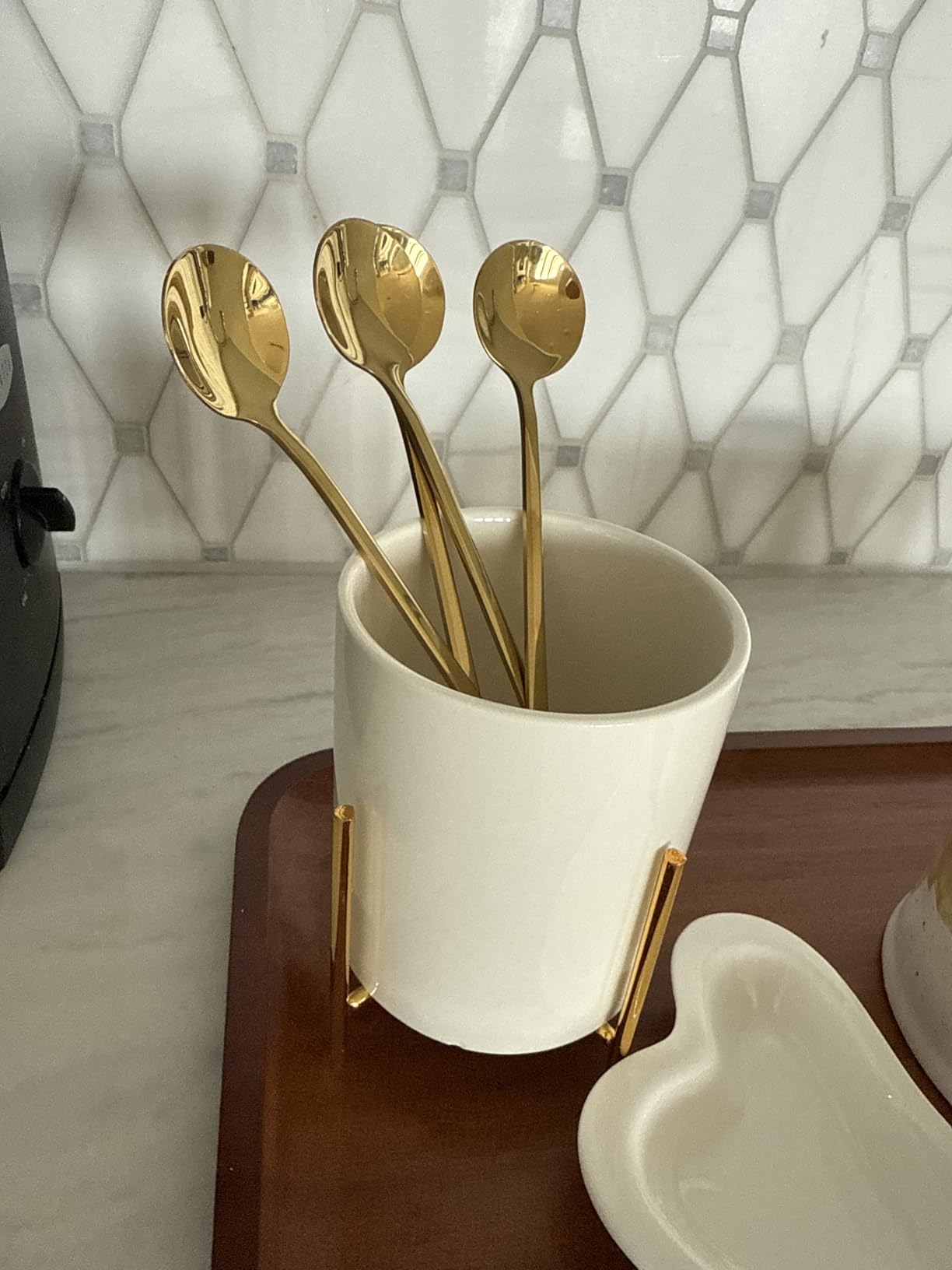 Gold pencil cup Sturdy metal frame with white ceramic pen holder For desks and kitchen appliance holders customer photo 2