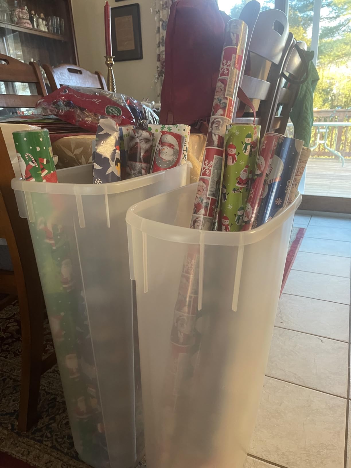 Rubbermaid Wrap N' Craft Plastic Wrapping Paper Organizer Storage Container with Top Ornament Storage Compartment for 20 Standard 30 Inch Rolls, Clear customer photo 1