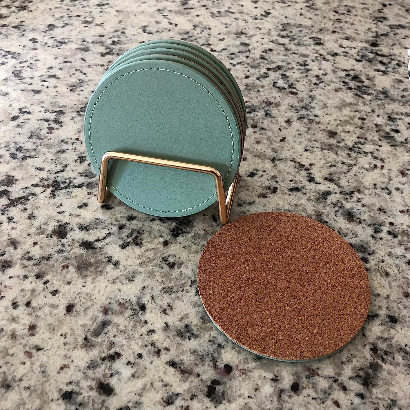 CASEGRACE Drink Coasters with Metal Holder Stand Set of 6, PU Leather Absorbent Coasters with Cork Base Table Coaster Set Decorative Coffee Cup Coasters Housewarming Gift for Home Decor customer photo 2