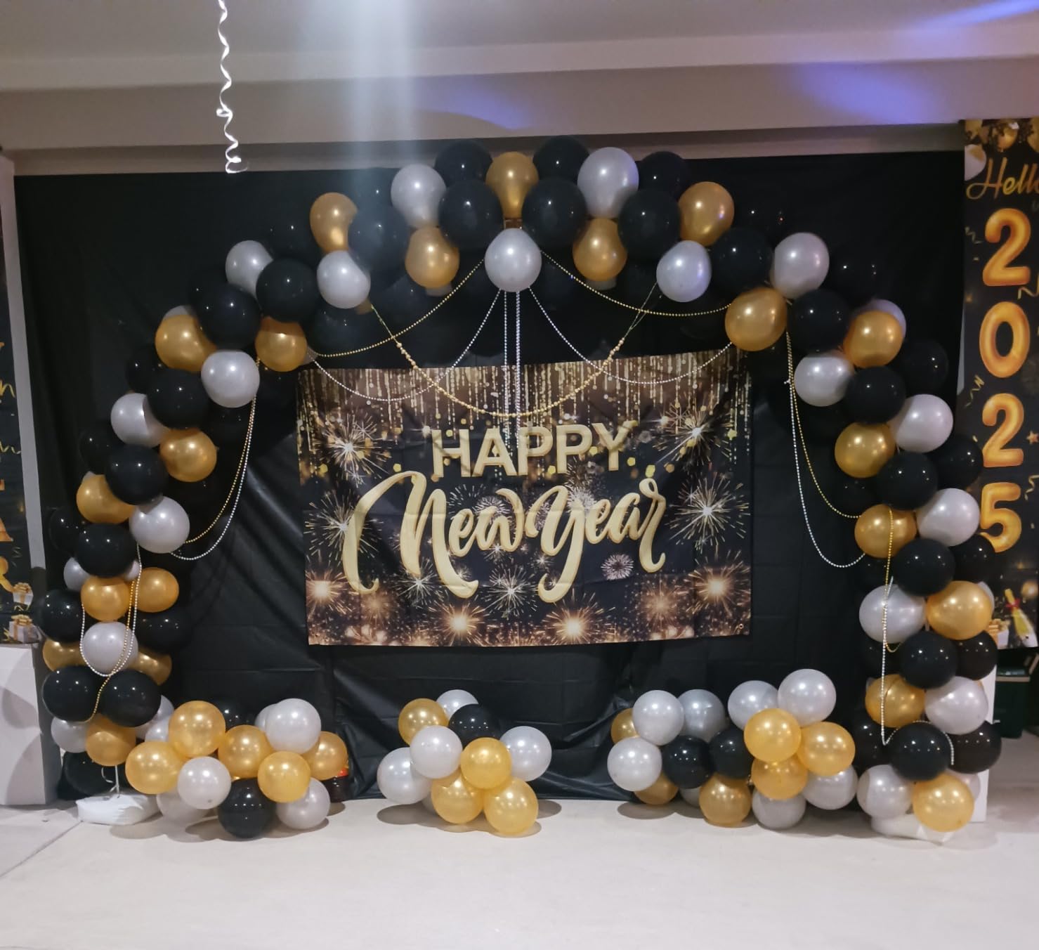 Happy New Year Hanging Extra Large Fabric Sign Poster Background Banner with Firework Pattern for New Year Party Decorations customer photo 1