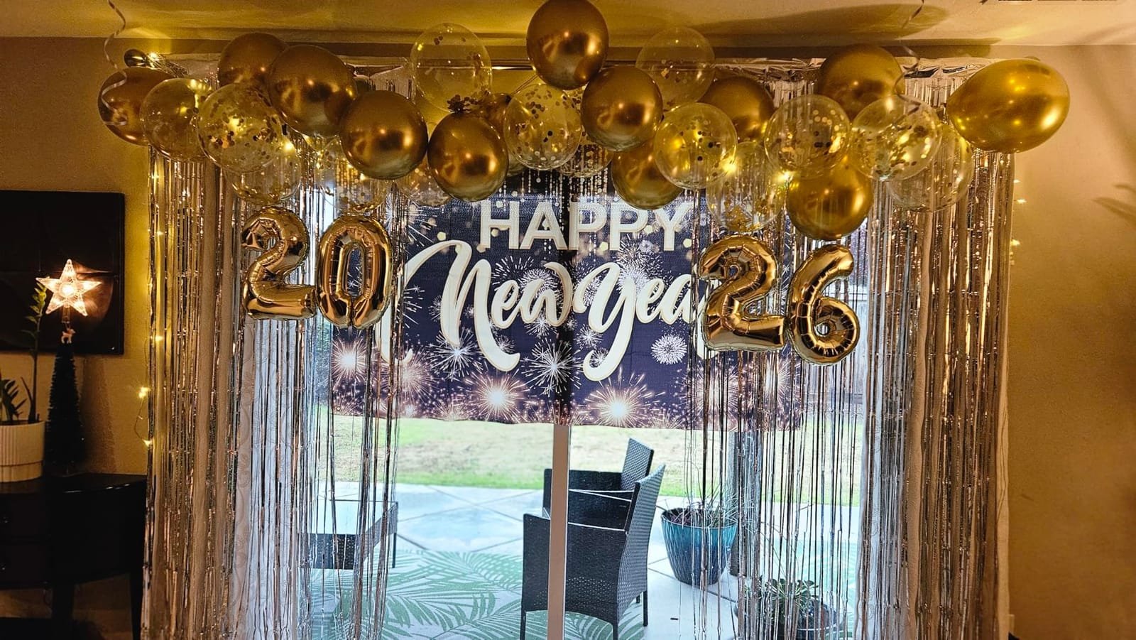 Happy New Year Hanging Extra Large Fabric Sign Poster Background Banner with Firework Pattern for New Year Party Decorations customer photo 2