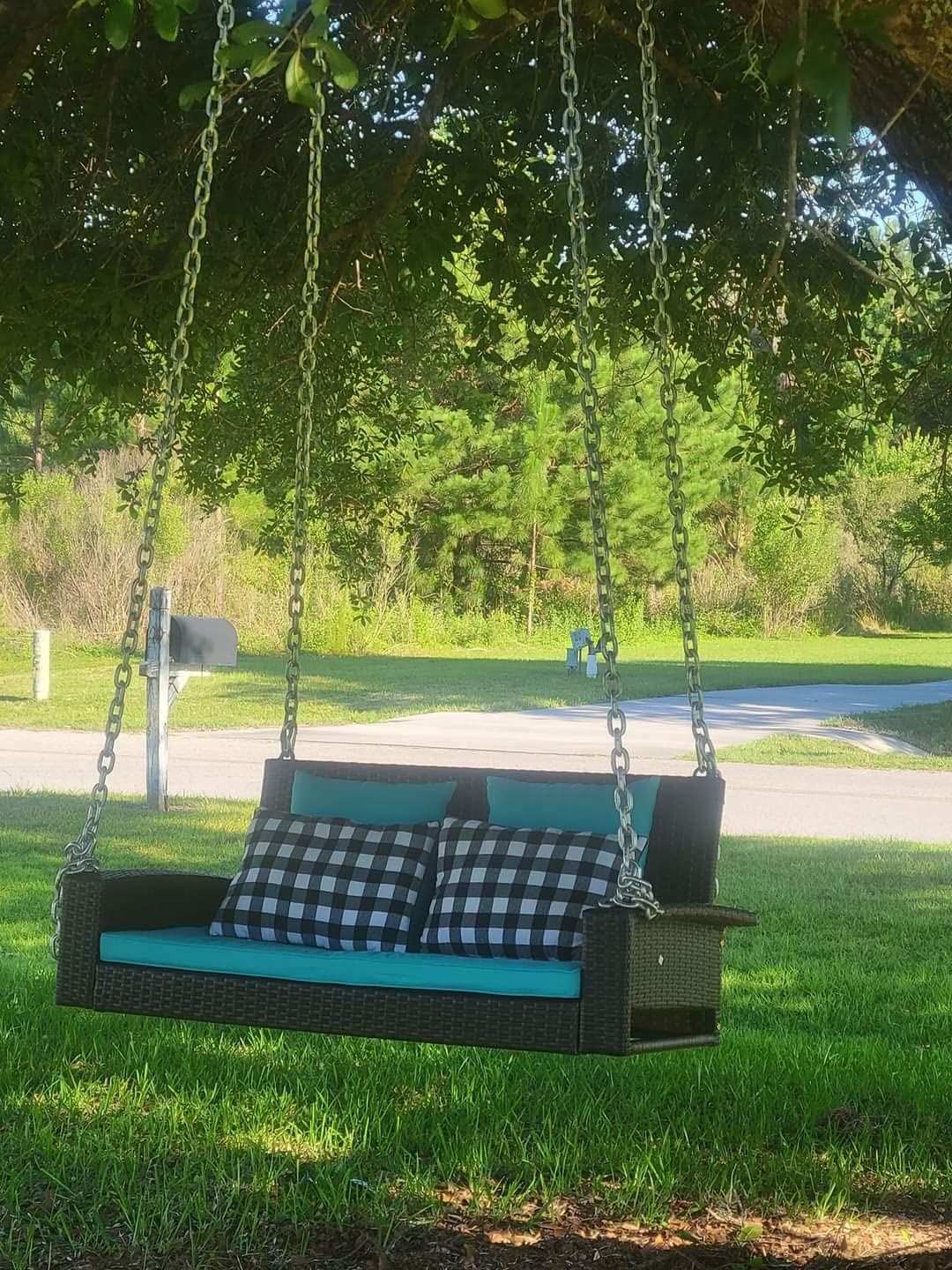 RELAX4LIFE Porch Swing 2-Seat Patio Rattan, Wicker Porch Swings Outdoor W/Two 7.9 Ft Solid Steel Chain, Comfortable Back & Seat Cushions, for Front Porch, Garden, Backyard Patio Swing (Beige) customer photo 1
