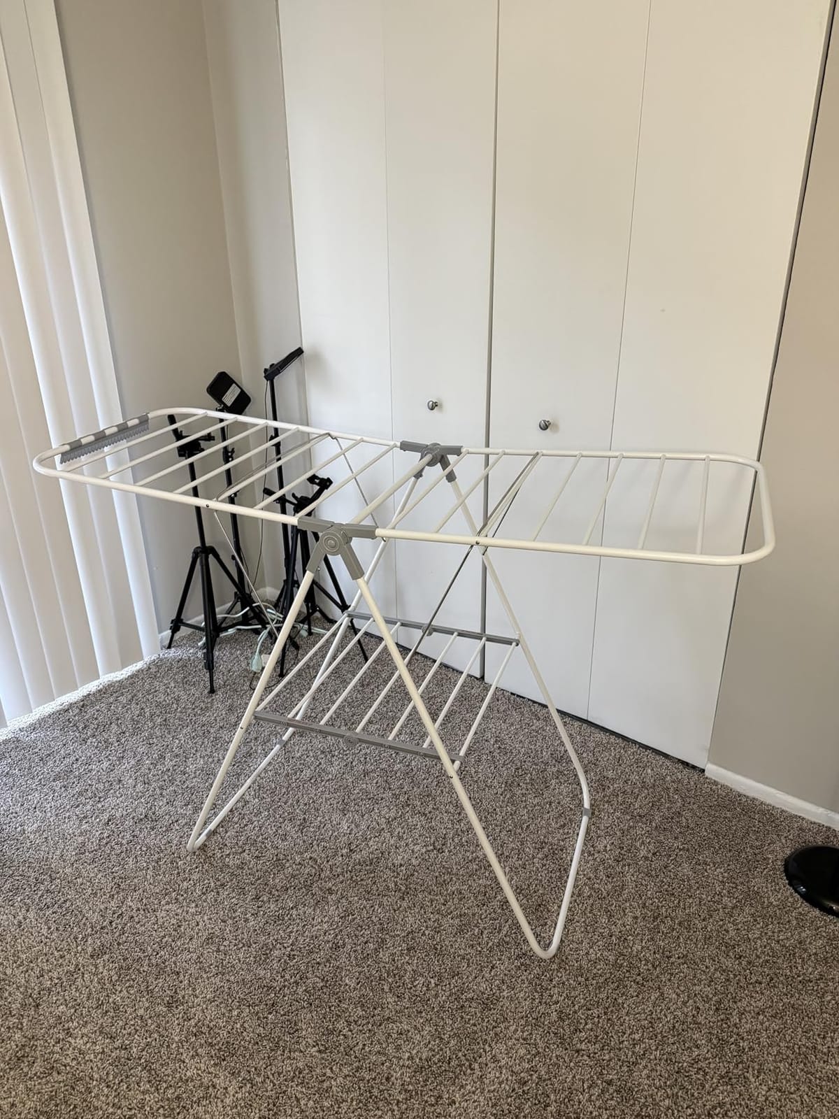 SONGMICS Clothes Drying Rack, Foldable Space-Saving Steel Laundry Rack, Floor-Standing Airer, 2 Height-Adjustable Gullwings, Sock Clips, Silver and White, BUNJI Collection ULLR052W01 customer photo 1