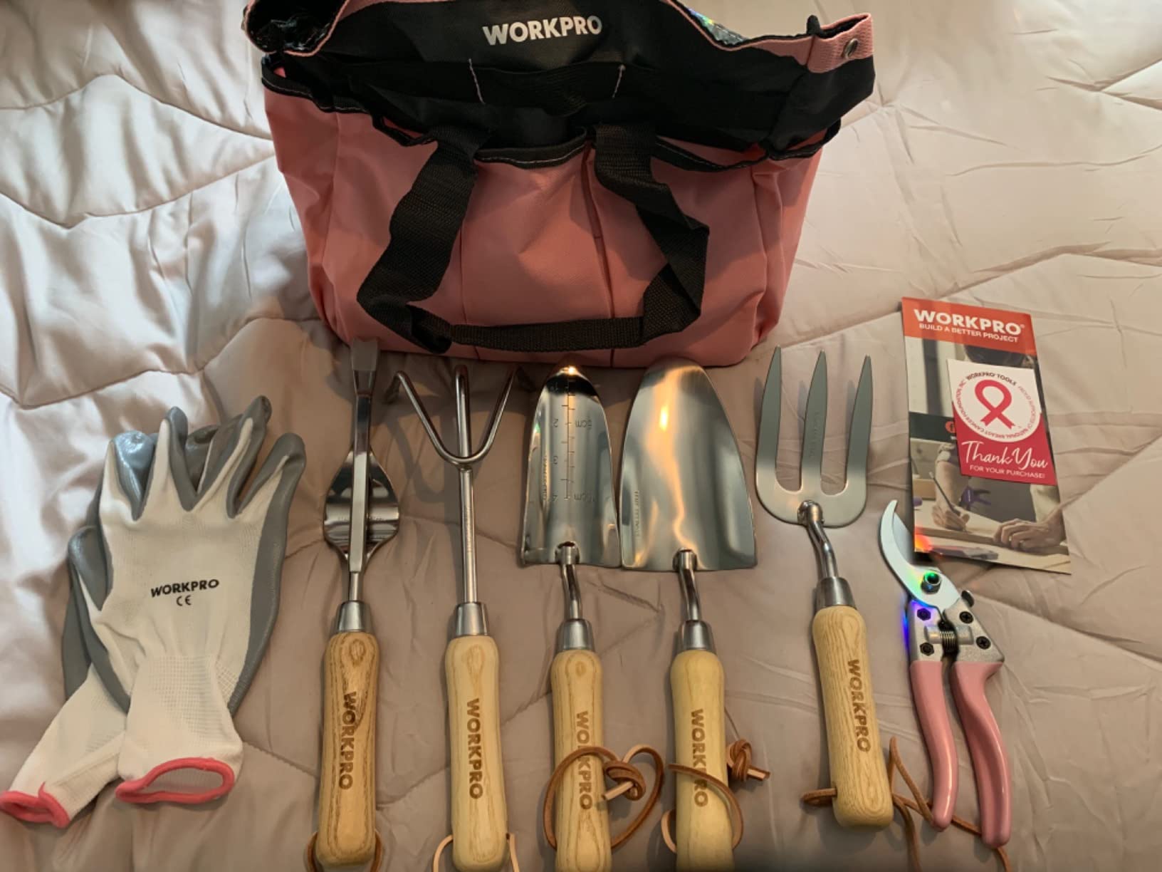 WORKPRO 8-Piece Pink Garden Tool Set - Stainless Steel, Wood Handle, Including Garden Tote, Gloves, Trowel, Hand Weeder, Cultivator and More, Gardening Gifts for Women - Pink customer photo 1