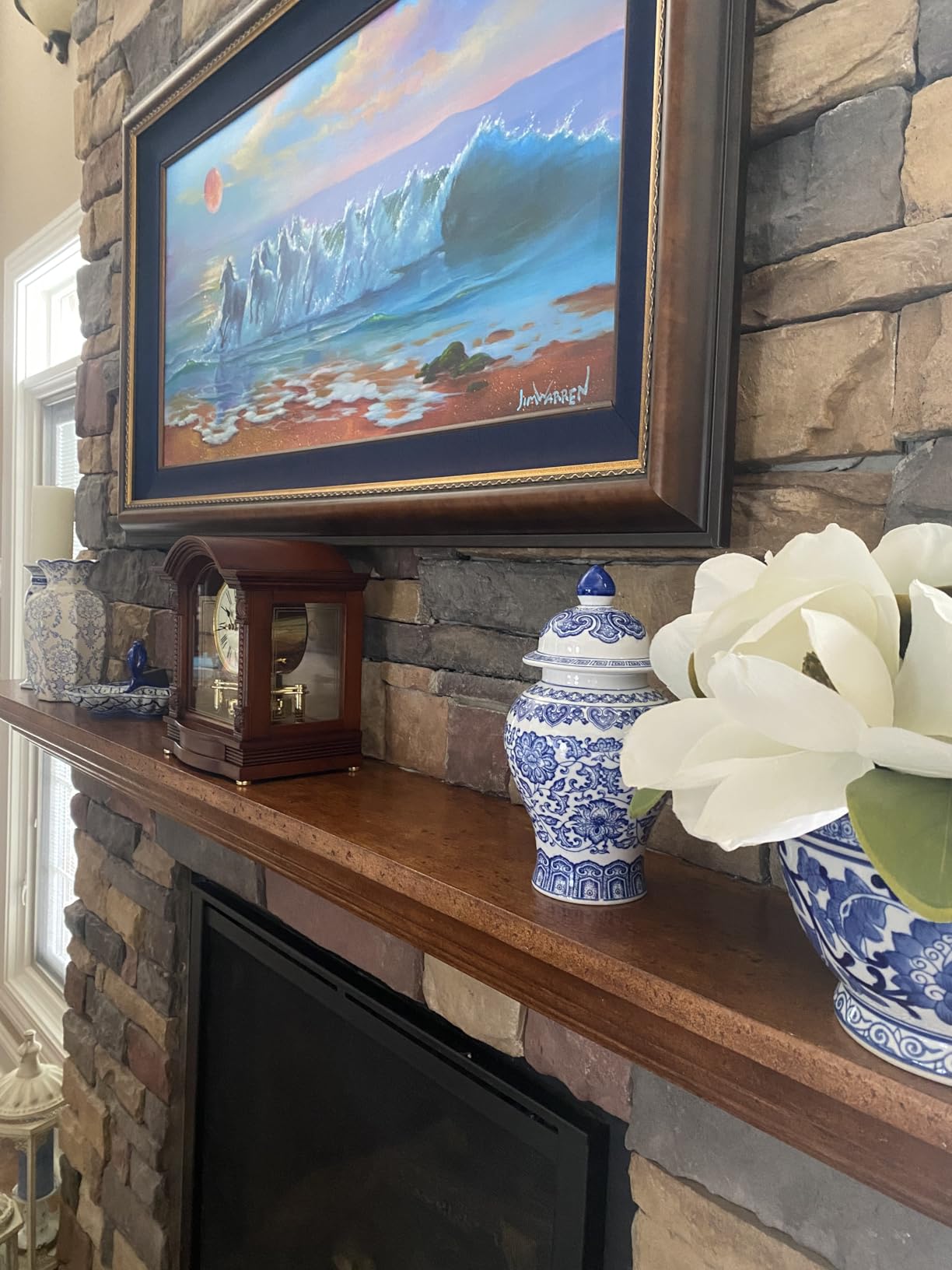 Blue and White Ginger Jar, Ceramic Chinoiserie Decorative Jars for Home, Office, Flower Vase Porcelain, Glossy Vase for Table, Living Room, Bookshelf, Mantle Fireplace, Centerpieces, 9.8