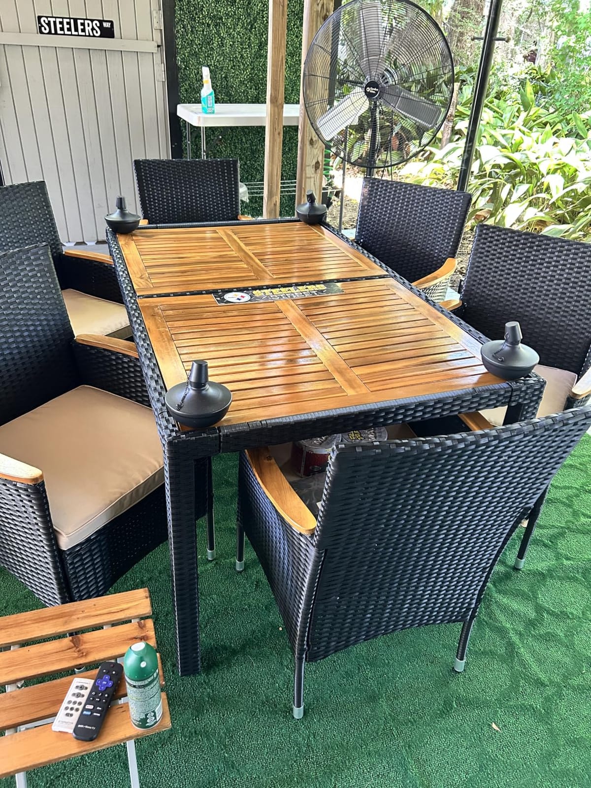 Devoko 7 PCS Acacia Wood Patio Dining Set, Black Rattan | Outdoor Patio Furniture Set, Patio Dining Table Set for 6 customer photo 2