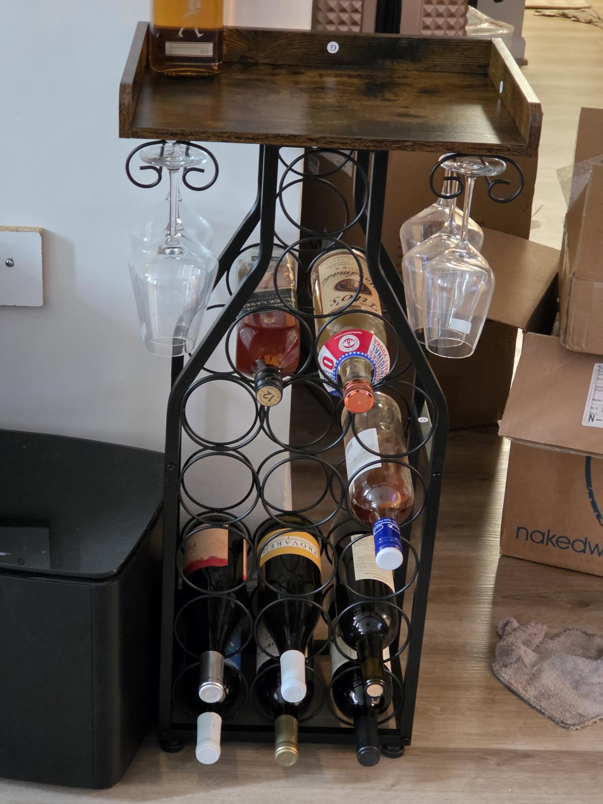 X-cosrack Wine Rack Freestanding Floor, Mini Bar Table Wine Holder Stand Liquor Cabinet with Glass Holder Wood Tabletop 14 Bottles Floor Wine Storage for Home Bar Kitchen Living Room customer photo 2