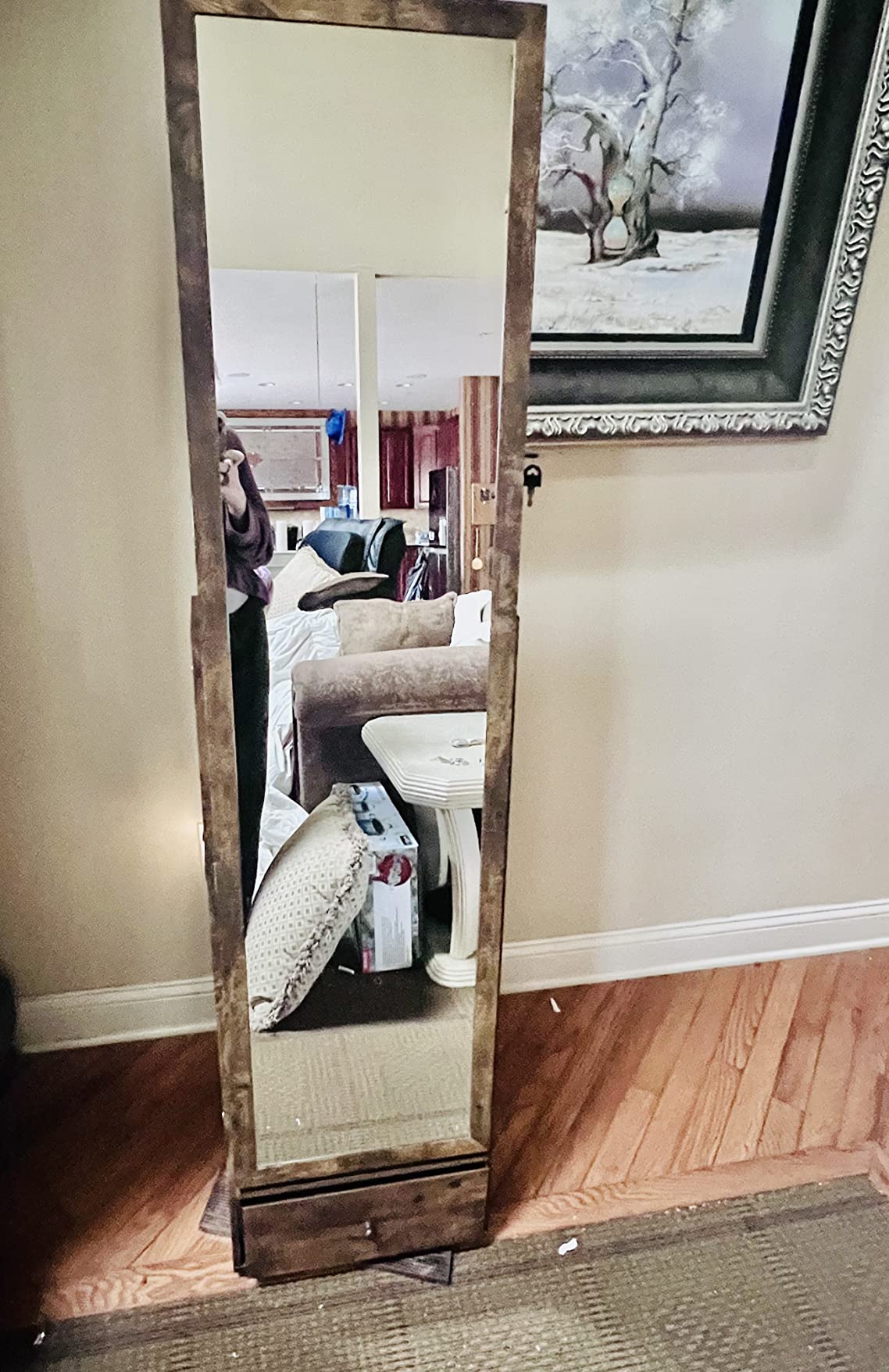 Nicetree 360° Swivel Jewelry Cabinet with Lights, Full Length Mirror, Lock | Standing Mirror Jewelry Cabinet, Lockable Mirror with Storage, Lighted Interior Mirror, Shelves, Flip-over Shelf, Grain White customer photo 2