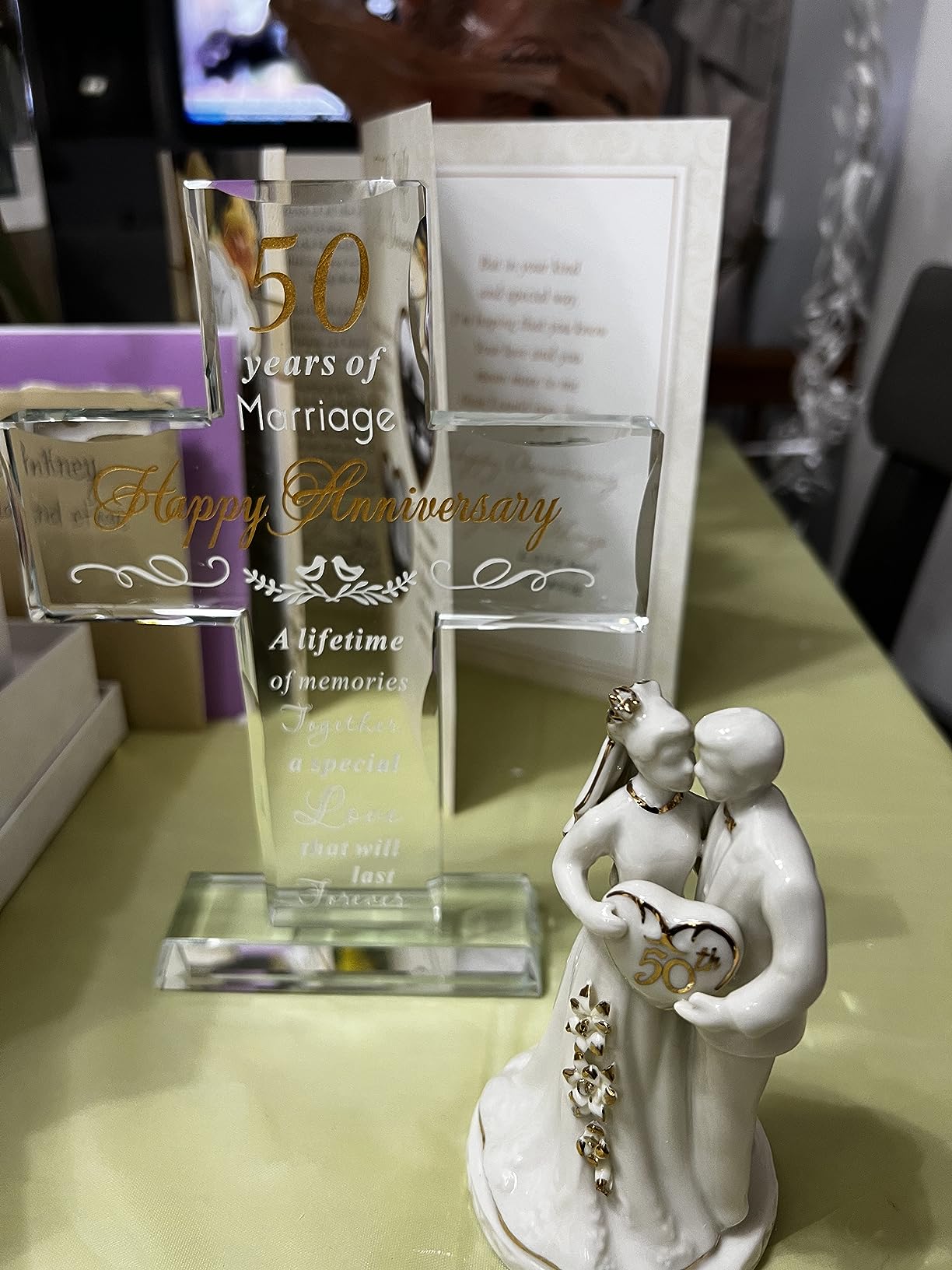 YWHL 50th Wedding Anniversary Cross Gifts for Couple, 50 Year Anniversary | Laser Engraved Glass Standing Cross Keepsake for Couple, 50 Years of Marriage Present customer photo 1
