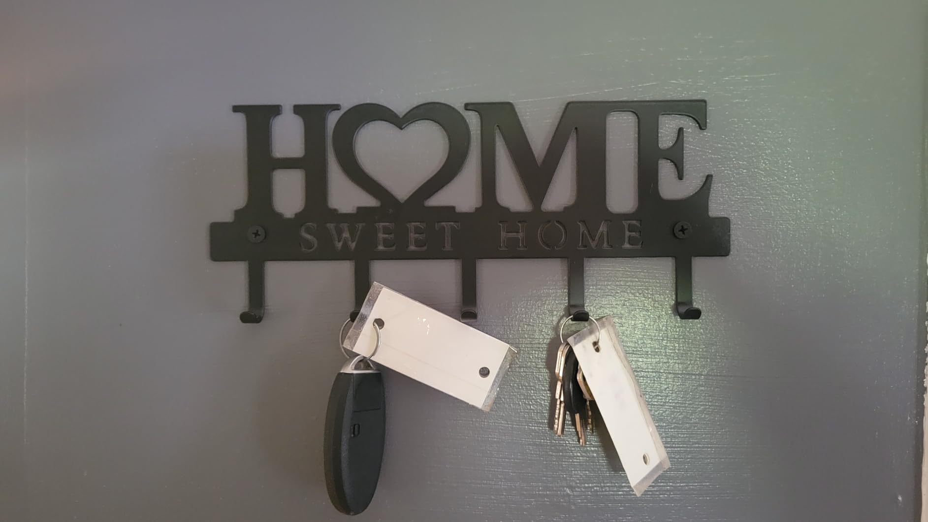 Entryway Wall Key Holder with 5 Hooks, Metal Key Rack Wall Mount for Keys, Bags and Leashes, Decorative Organizer for Entryway, Mudroom or Hallway, Sweet Home Design, 9.8 inches, Black customer photo 2