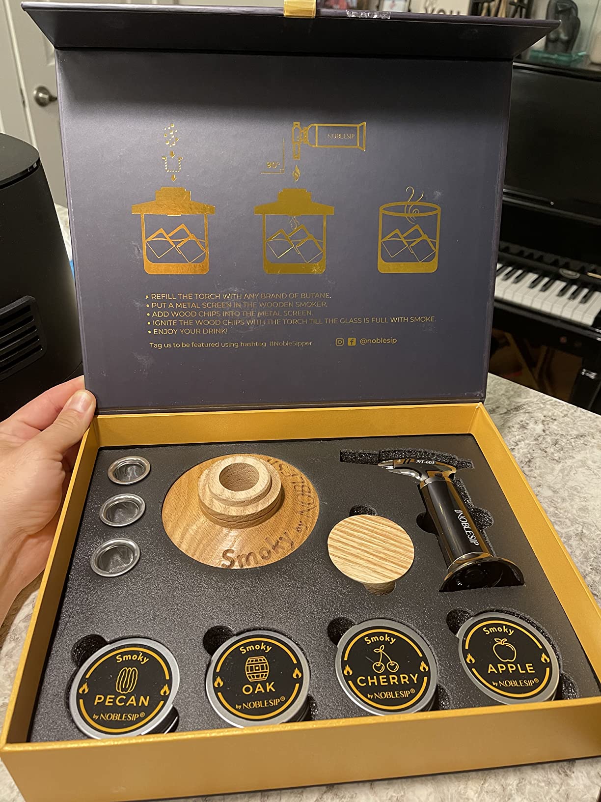 NOBLESIP® Whiskey Bourbon Cocktail Smoker Kit PREMIUM Smoky 100% Natural American Oak Wood. Easy Craft Smoked Old Fashioneds at Home Like a pro. Bar Gift Box (Original - not Engraved) customer photo 1
