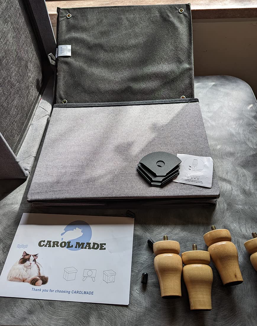 CAROLMADE Folding Storage Ottoman Cube Linen Footstool with Wood Legs Ottoman Footrest for Living Room and Bedroom, Grey 15