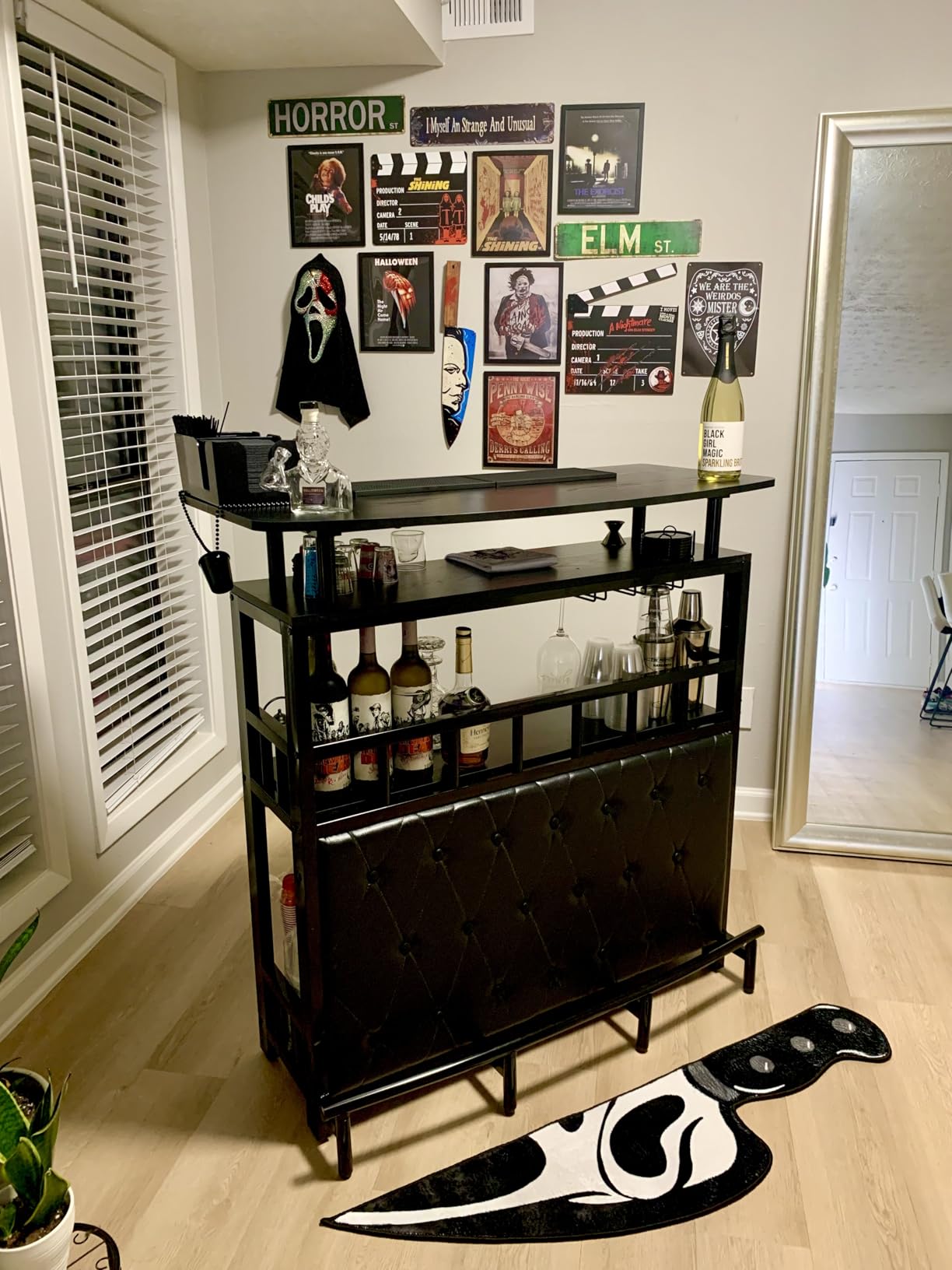 Tribesigns Home Bar Unit for Liquor, 44-Inch Bar Height Table with Storage, Black Mini Entertainment Carts Pub Table with Upholstered&Metal Front Footrest for Kitchen, Balcony, Basement customer photo 1