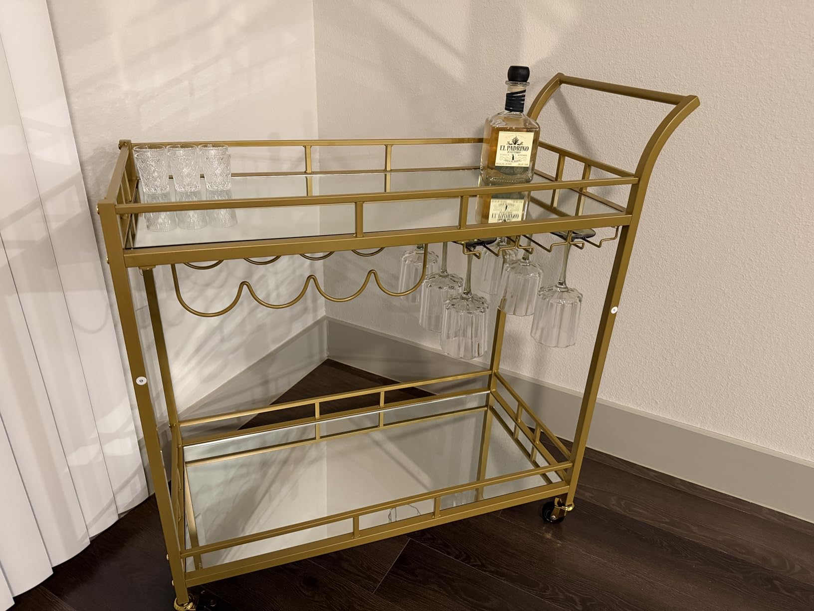 VASAGLE Bar Cart with 2 Mirrored Shelves, Wine Holders, Glass Holders | Home Bar Serving Cart, Wine Cart, for Kitchen, Dining Room, Matte Black, 15 x 33.9 x 35.4 inches, ULRC090B62 customer photo 2
