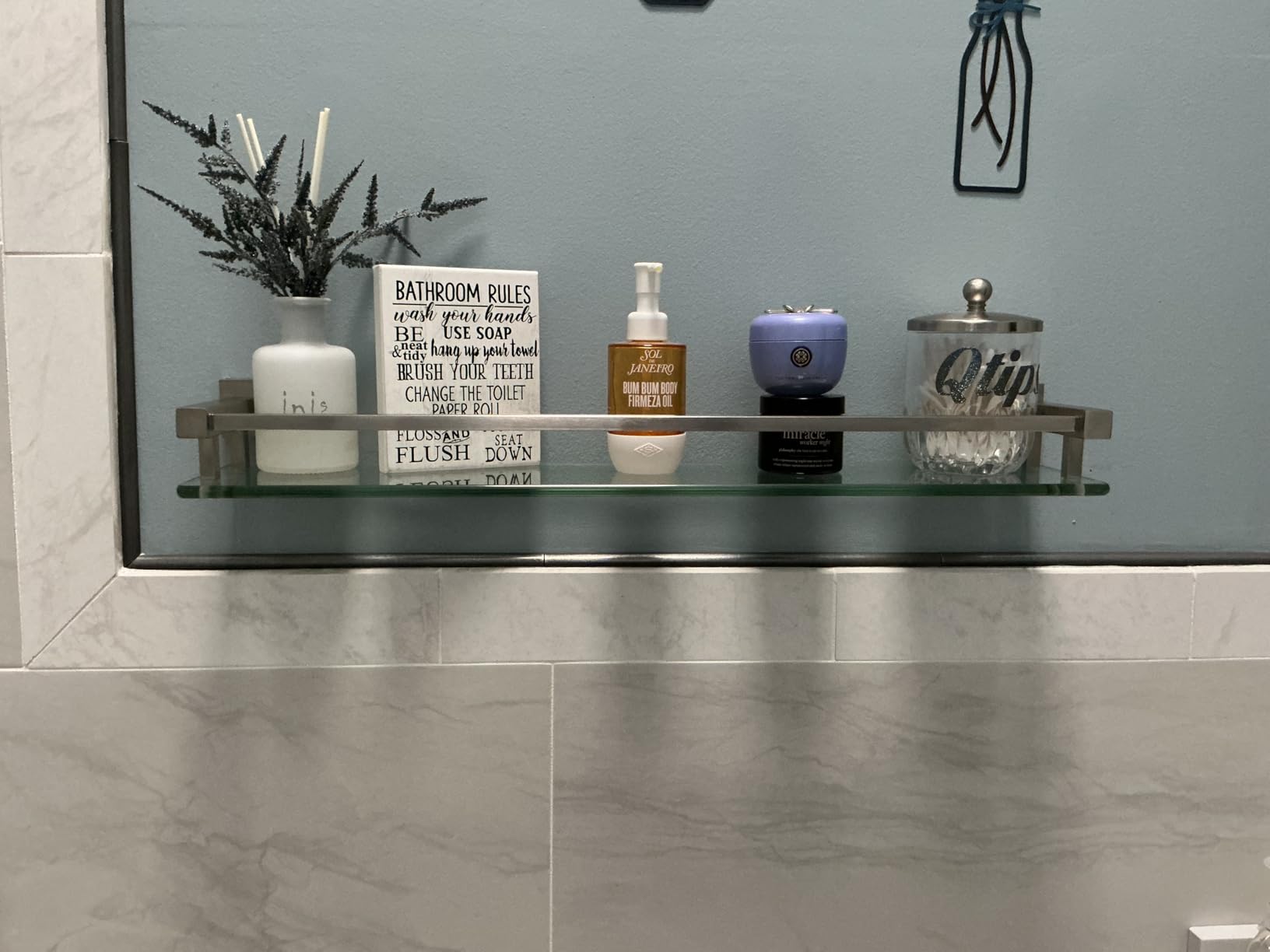 Alise Glass Shelf for Bathroom 16 Inch, Brushed Nickel Floating Glass Shelf | Tempered Glass Bathroom Shelves for Wall Mounted, Modern Glass Shelf with Stainless Steel Railing customer photo 1