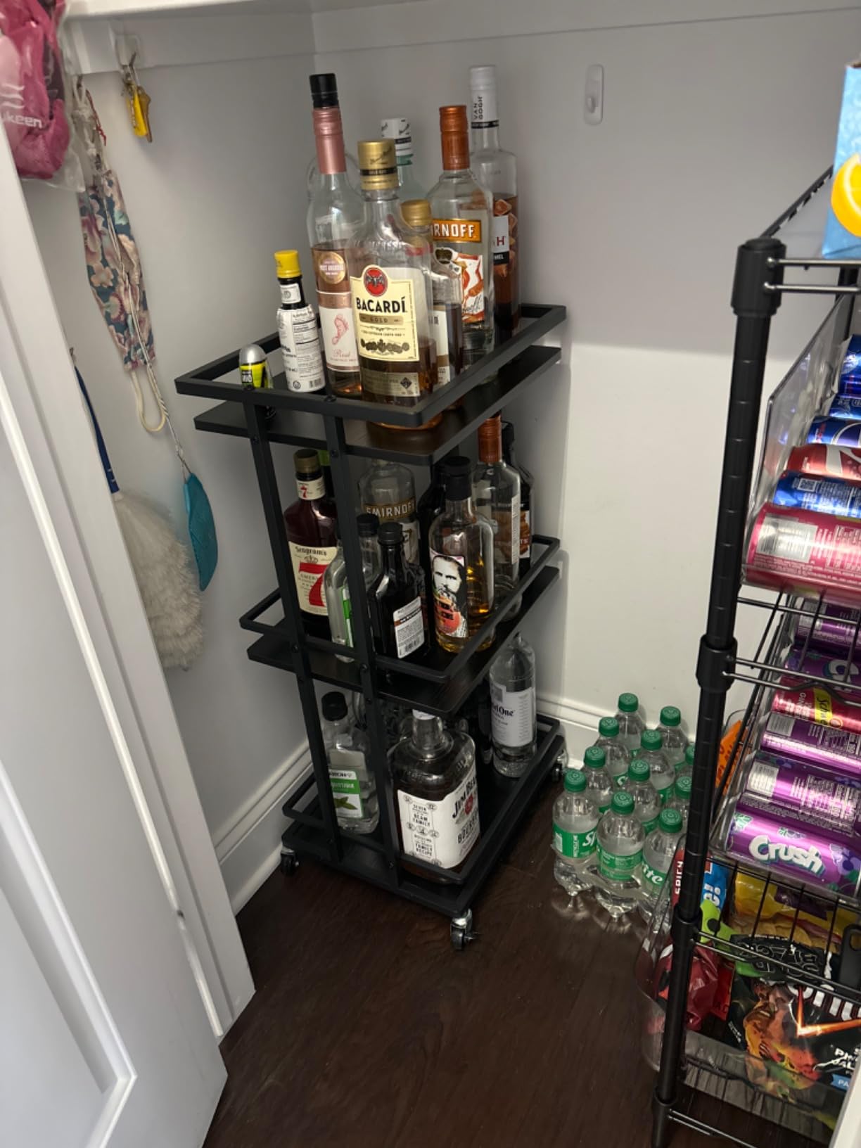 OKZEST 3-Tier Bar Cart for Home, Mini Rolling Liquor Cabinet & Serving Cart | Small alcohol coffee bar cart for party, Holds wine, liquor, beverage, glassware, shaker, coffee supplies, Rustic farmhouse customer photo 1