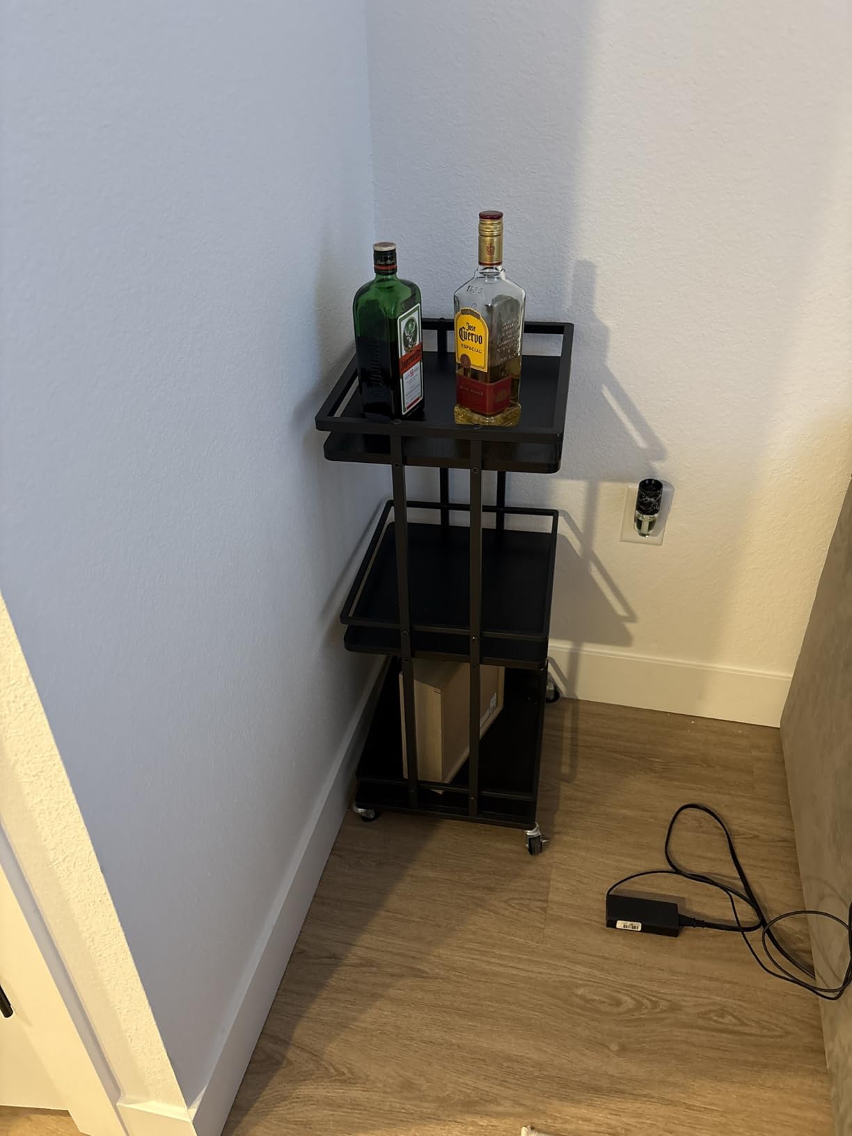 OKZEST 3-Tier Bar Cart for Home, Mini Rolling Liquor Cabinet & Serving Cart | Small alcohol coffee bar cart for party, Holds wine, liquor, beverage, glassware, shaker, coffee supplies, Rustic farmhouse customer photo 2