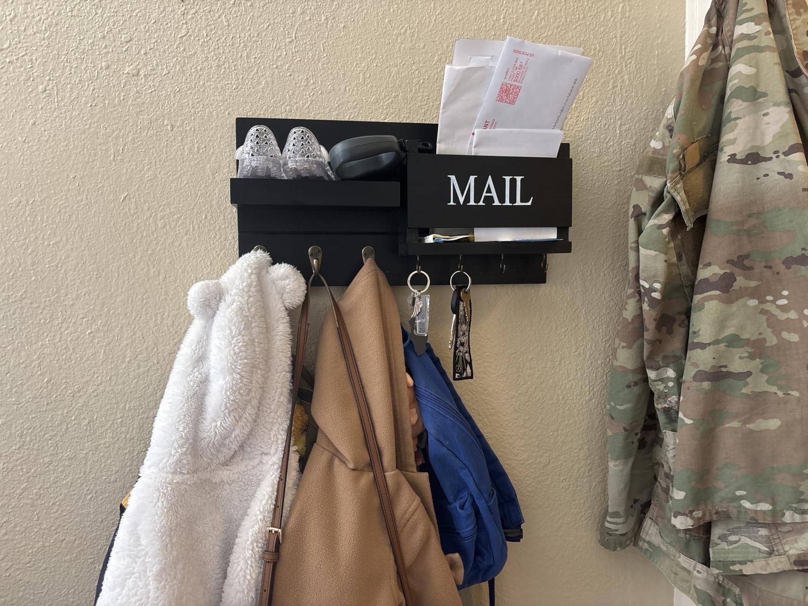Lwenki Mail Organizer for Wall Mount - Key Holder with Shelf Includes Letter Holder and Hooks for Hallway Farmhouse Decor - Rustic Wood with Flush Mounting Hardware (16.5