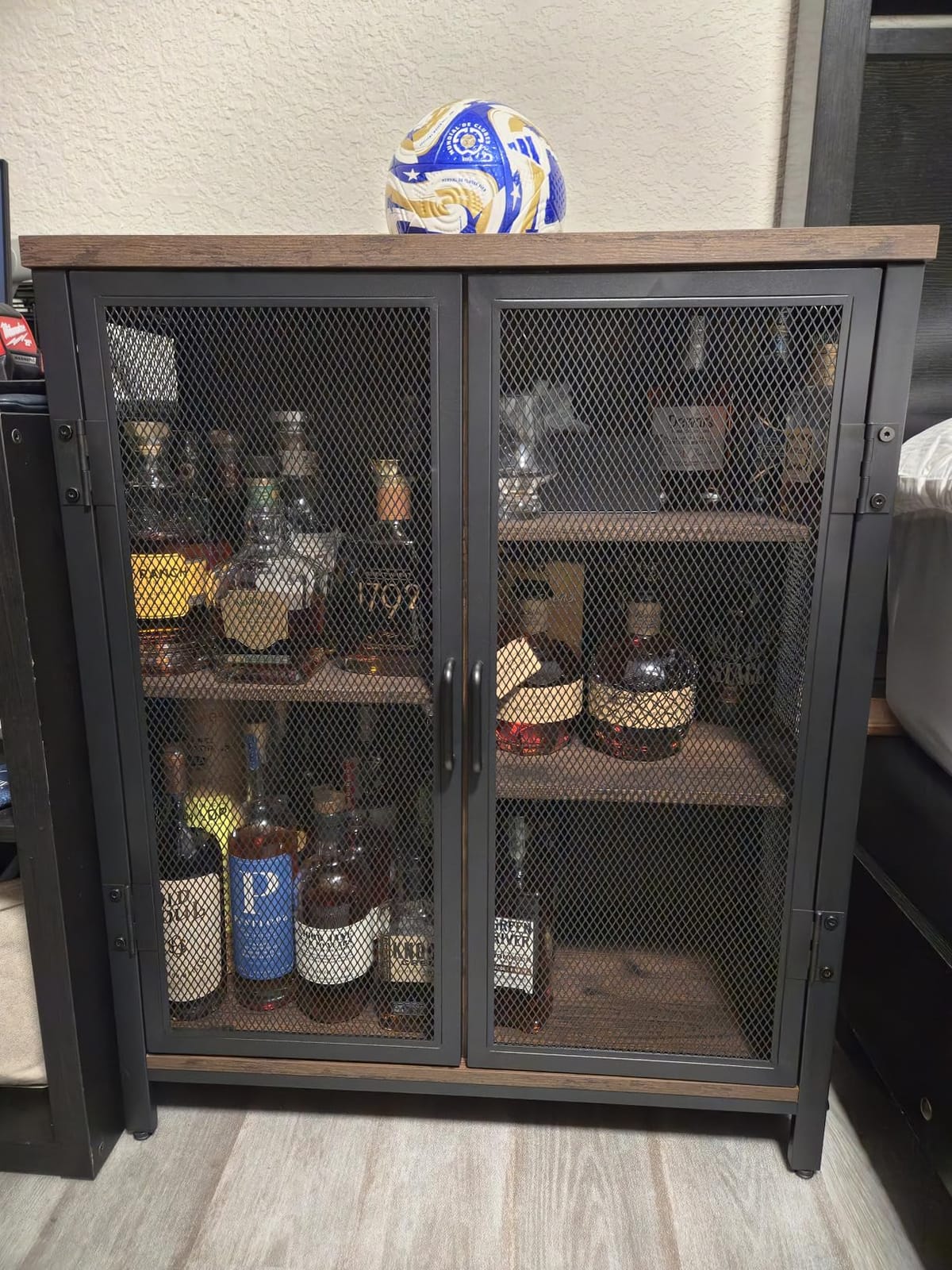 BON AUGURE Coffee Bar Cabinet for Liquor, Small Storage Cabinet, Rustic Oak | 2 Doors, Industrial Alcohol Cabinet, Adjustable Shelves, Farmhouse Sideboard Buffet for Home Kitchen, Dining, Living Room customer photo 2