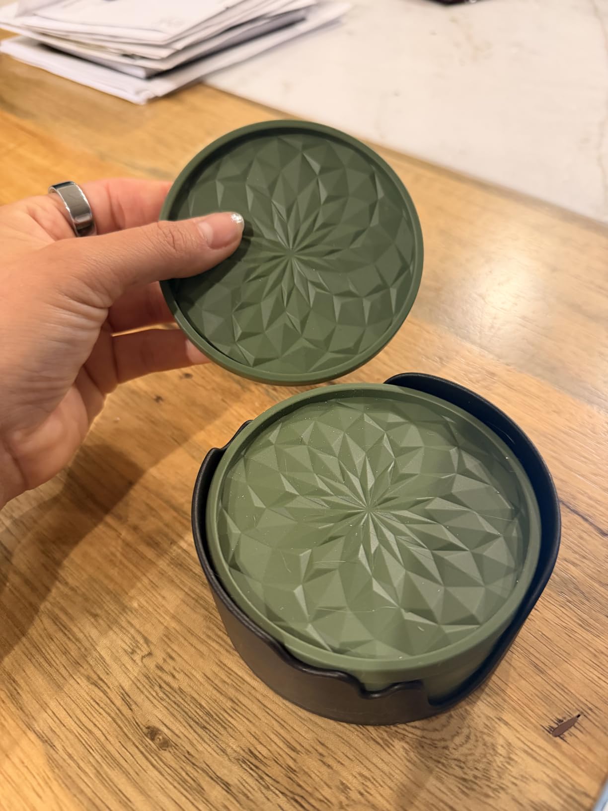 ME.FAN Silicone Coasters with Holder,[6 Pack] Drinking Coasters - Cup Mat for Hot or Cold Drinks, Thickened, Non-Slip, Non-Stick,Deep Tray Black customer photo 1