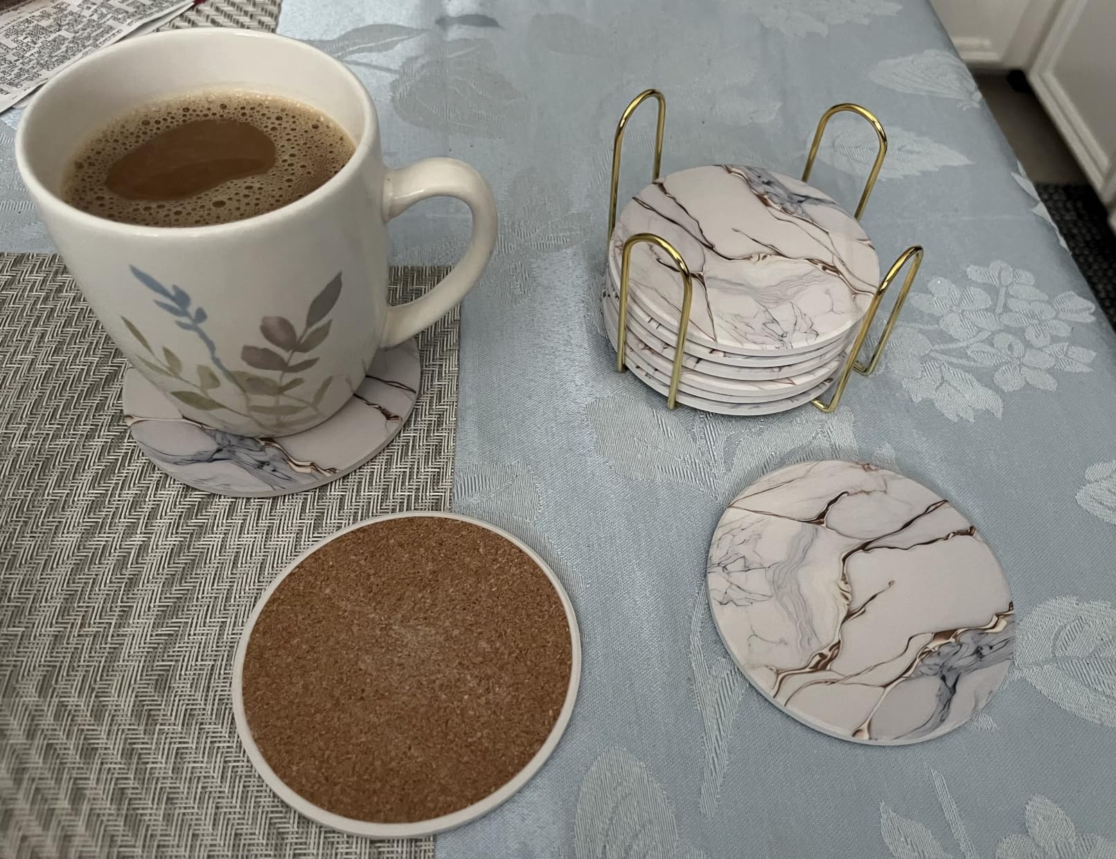 Billbotk 9 Pieces Ceramic Coasters for Drinks with Holder, Absorbent Drink Coasters for Coffee Table, Marble Style Coasters Wooden Table, Suitable for Kinds of Cups, 4 Inches customer photo 2