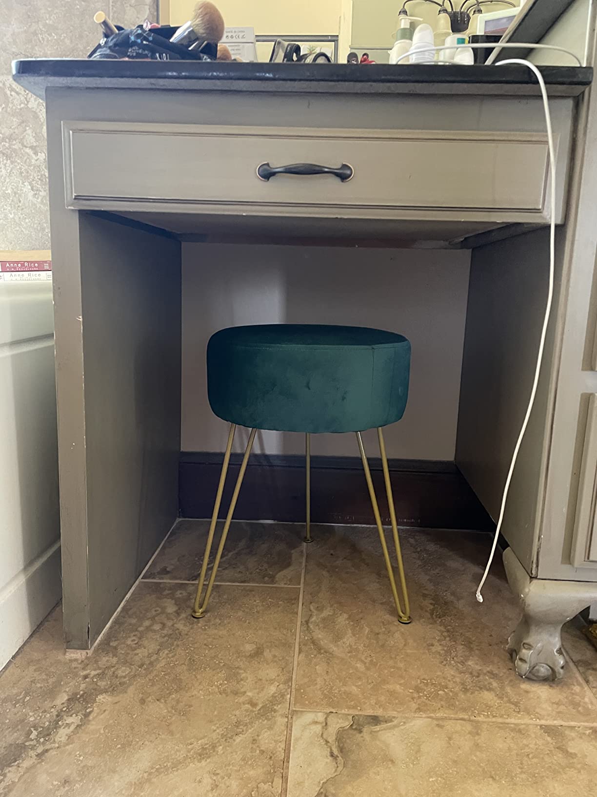 GERANT Multifunctional Vanity Stool - Velvet Footrest Stool-Upholstered Chair Stool -Ottoman Round Modern Dressing Chair - Side Coffee Table Seat with Golden Metal Leg for Living Room customer photo 1