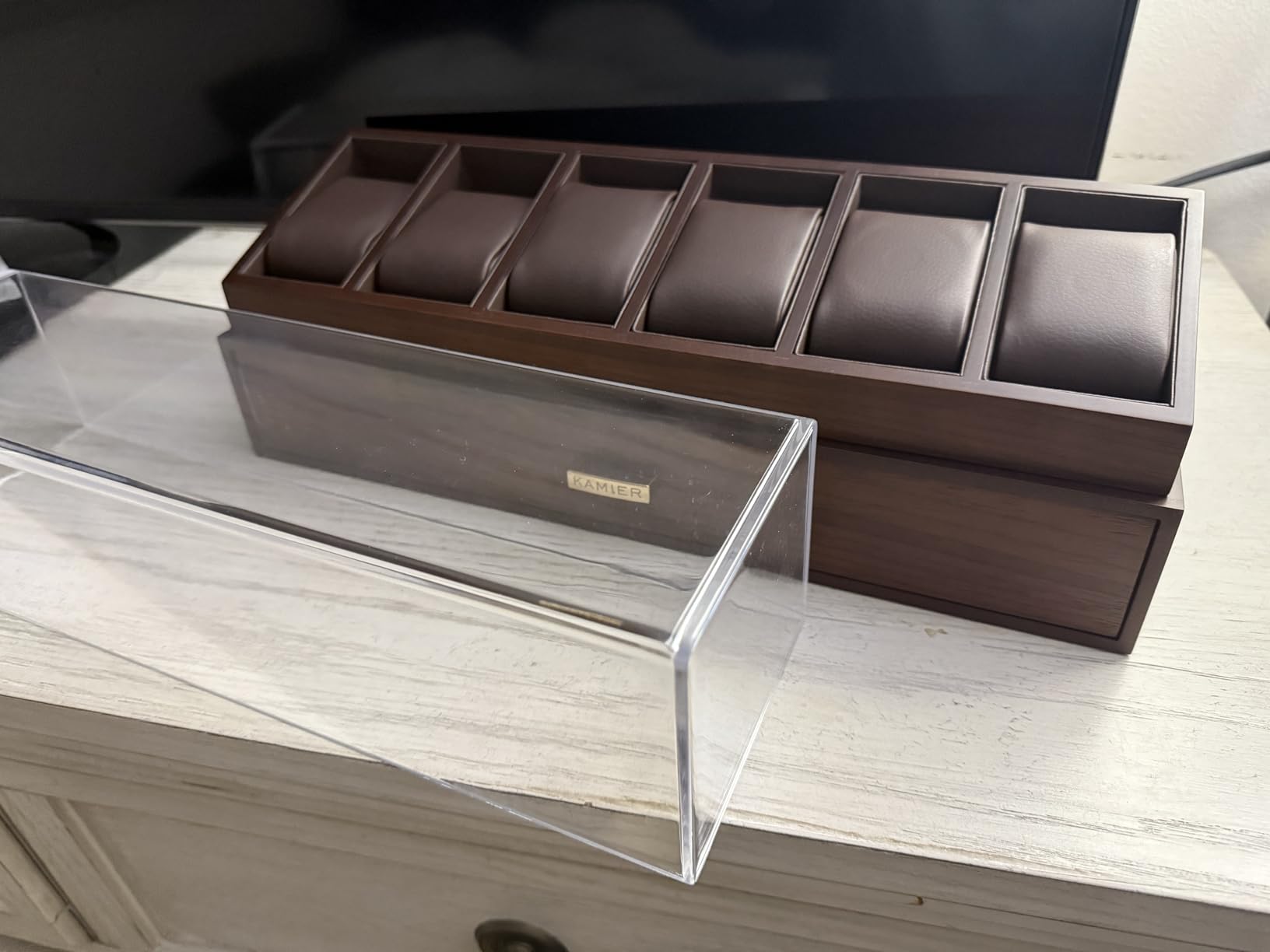 KAMIER High End Wooden Watch Box with 6 Slots & Glass Lid - 2-Layer Jewelry Organizer for Men, Watch Display Case, Business Gift for Watch Enthusiasts, Walnut customer photo 2