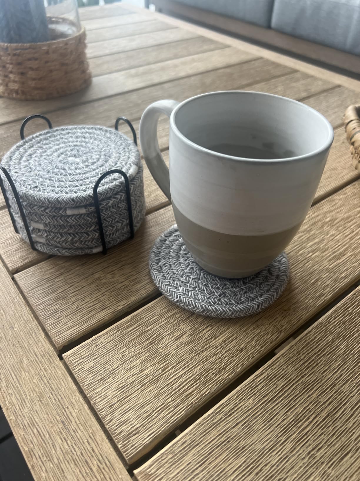 ABenkle 8 Pcs Drink Coasters with Holder, Cotton Woven Absorbent Coasters for Drinks, Minimalist Home Decor Coaster Set for Wooden Tabletop Protection Table, 4.3 inches Mixed Brown customer photo 1