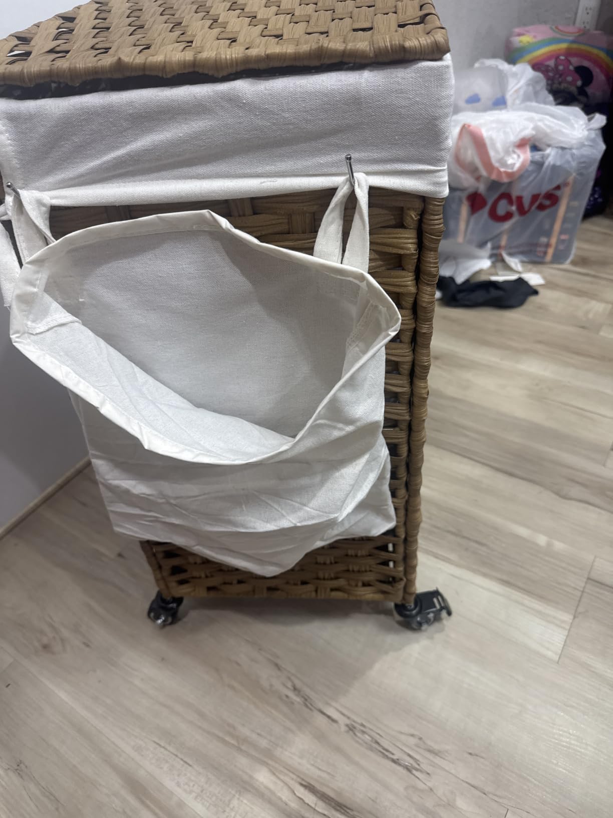 SONGMICS Rolling Laundry Hamper with Lid, 160 L 3-Section Synthetic Rattan | Laundry Basket with Wheels, Removable Liner, 29.9 x 13 x 26 Inches, Natural, ELIOTT Collection ULCB365N01 customer photo 2