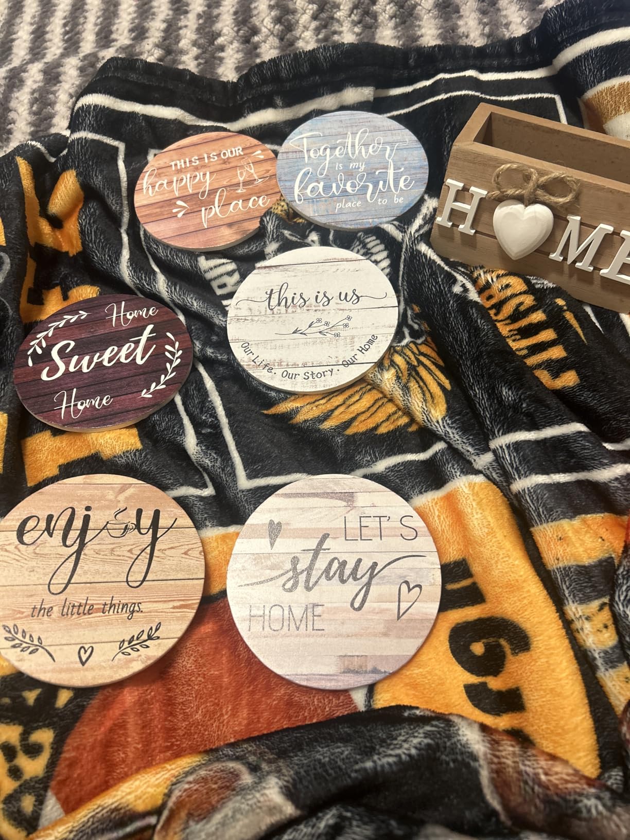 Queekay House Warming Gifts New Home Farmhouse Coasters Set of 6, Mixed | Wooden Coasters for Drink with Holder, 4'', Funny Home Decoration for Family Coffee Bar Table Protection, New Home Gift Ideas customer photo 1