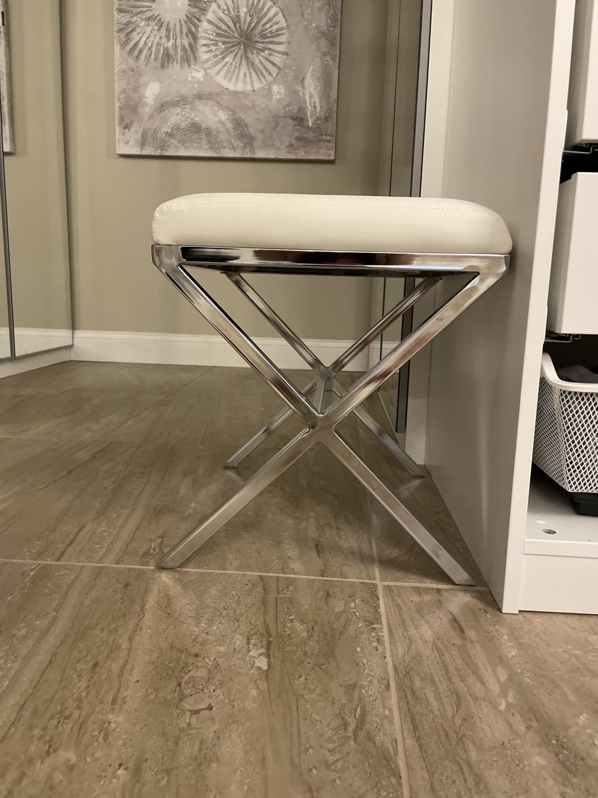 DUHOME Vanity Stool, Modern PU Leather Ottoman Stool Chair for Vanity Bench with Metal X Legs, Rectangle Makeup Stools Padded Foot Rest Ottoman, White customer photo 1
