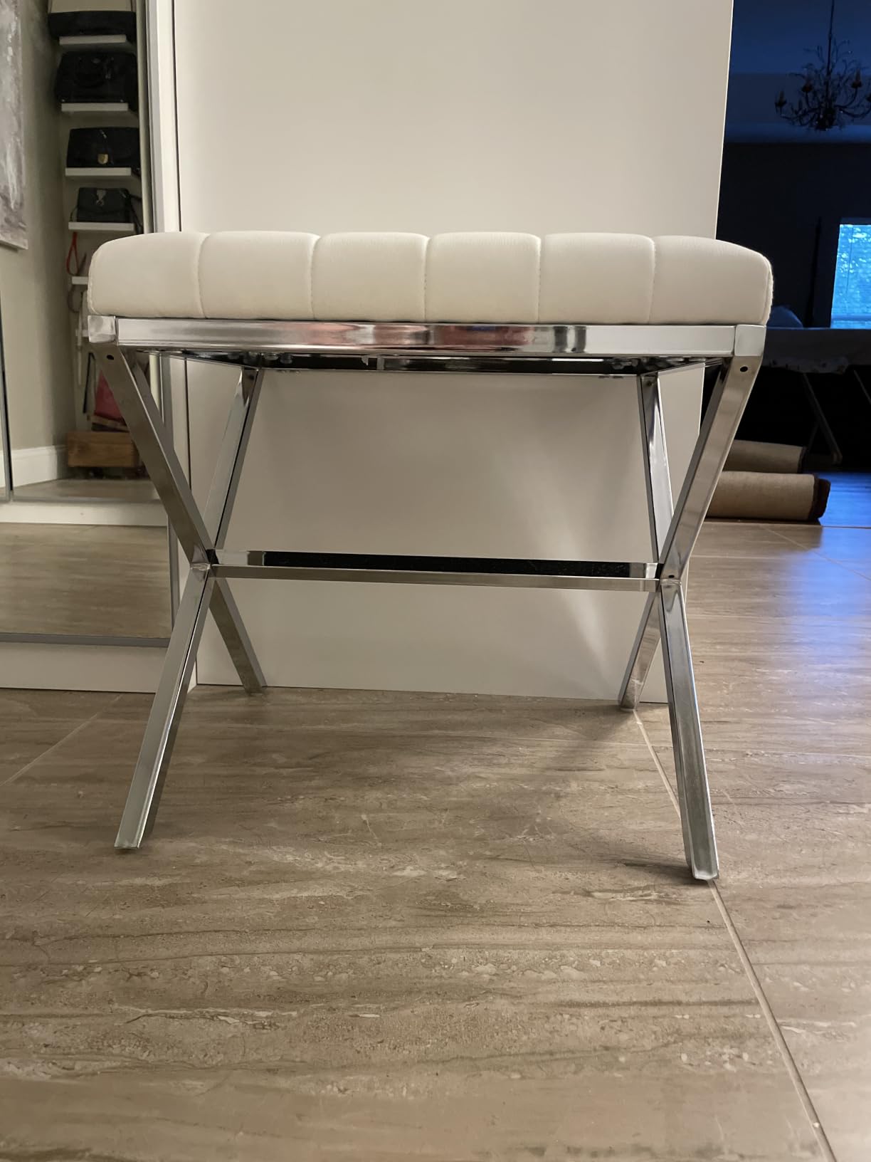 DUHOME Vanity Stool, Modern PU Leather Ottoman Stool Chair for Vanity Bench with Metal X Legs, Rectangle Makeup Stools Padded Foot Rest Ottoman, White customer photo 2