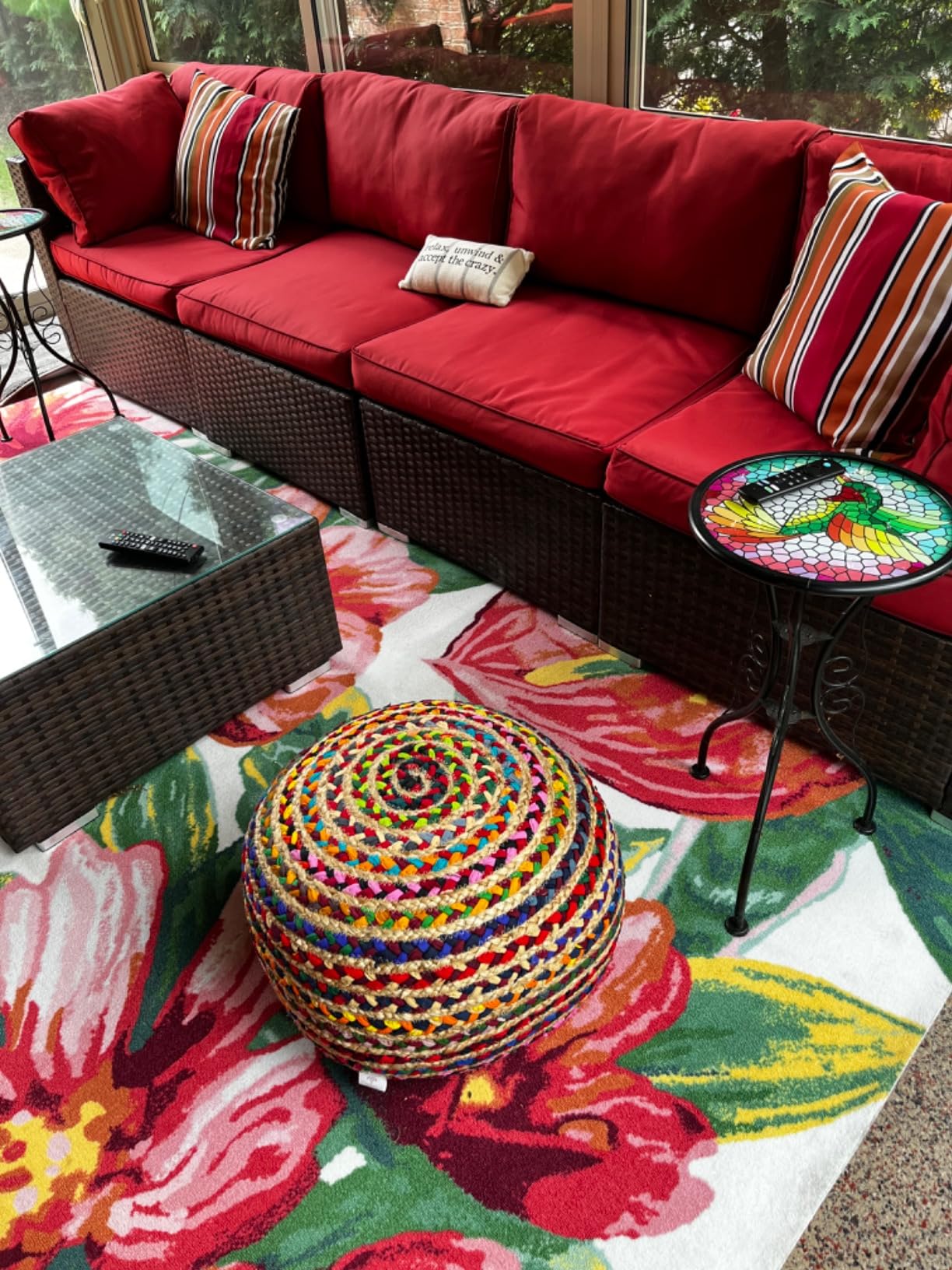 REDEARTH Braided Jute Cotton Pouf - Circular Boho Ottoman - Multi customer photo 2