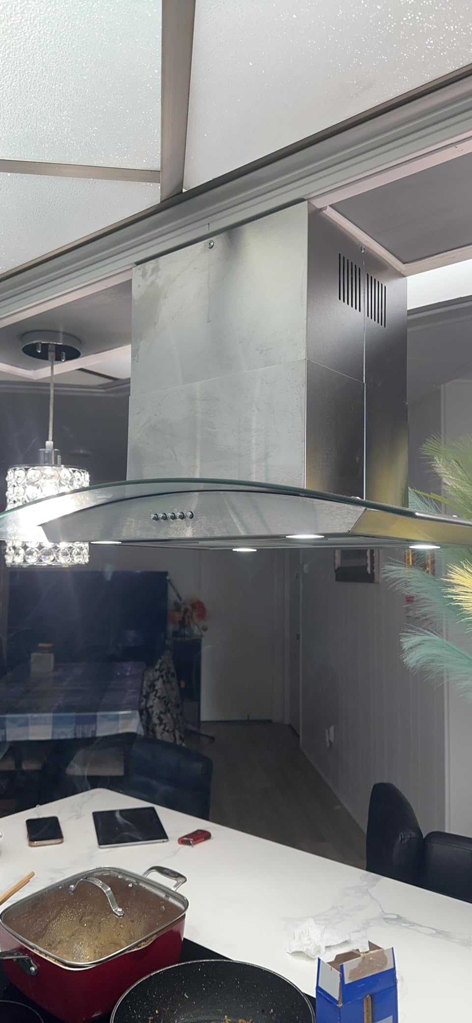 JOEAONZ 30 inch Island Range Hood Stainless Steel 700 CFM Push Button Control Kitchen Exhaust Ventilation Fan with 5-layer Mesh Filters, Large Airflow Capacity Ceiling Mount Vent Hood customer photo 2