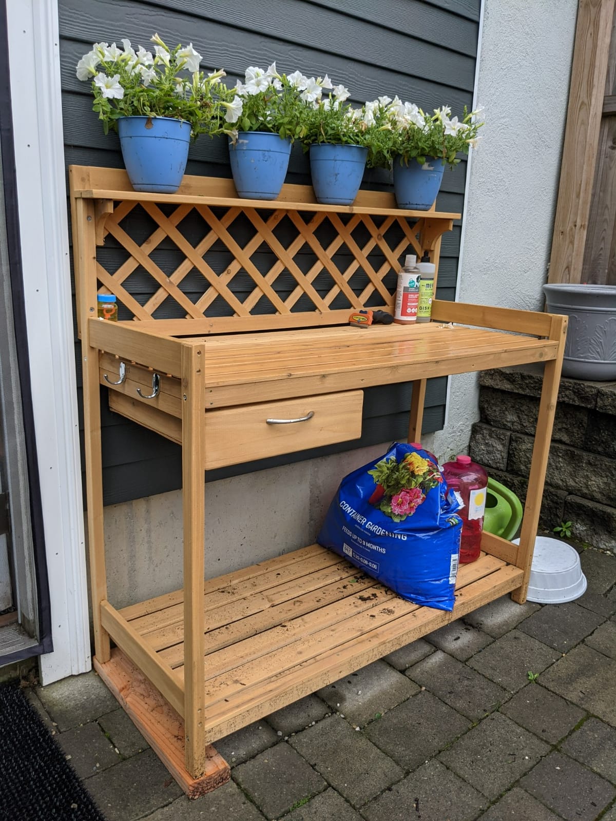 Best Choice Products Outdoor Garden Potting Bench, Wooden Workstation Table w/Cabinet Drawer, Open Shelf, Lower Storage, Lattice Back - Gray customer photo 2